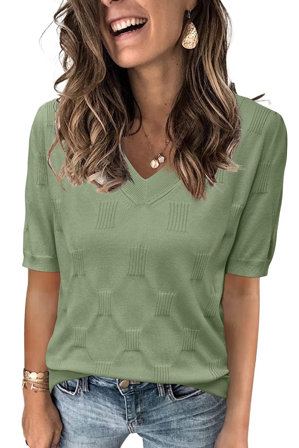 Arach&Cloz Strickpullover Arach&Cloz Damen Kuzrarm Pullover V Ausschnitt Sommer Frühling Bluse Strickpullover Basic Oberteile Strick Tops