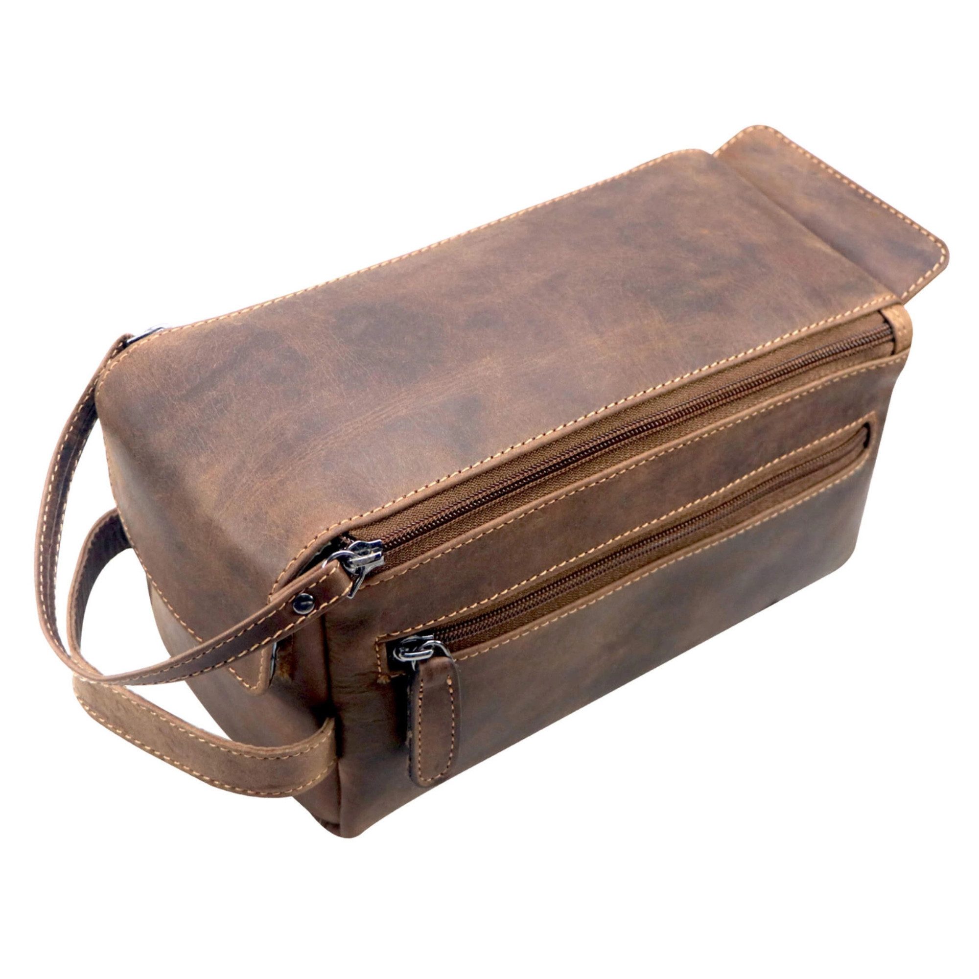 GREENWOOD Kulturbeutel Echtleder Kulturtasche Premium Kosmetikbeutel groß, Handgefertigte Waschtasche aus Rindleder