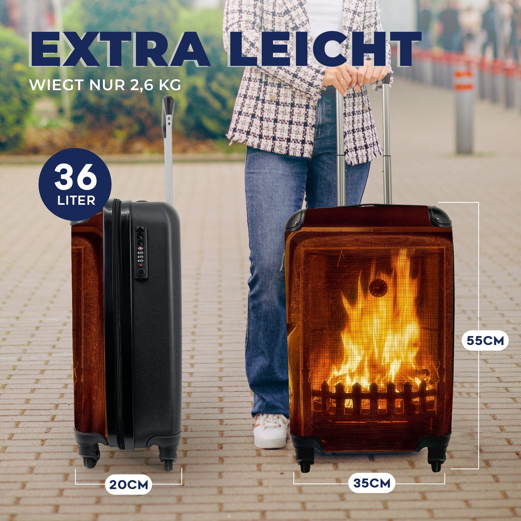 Reisetasche Trolley, 4 MuchoWow Kamin Rollen, Ferien, einem mit Handgepäckkoffer Reisekoffer rollen, Handgepäck mit Ein Feuer, für warmen