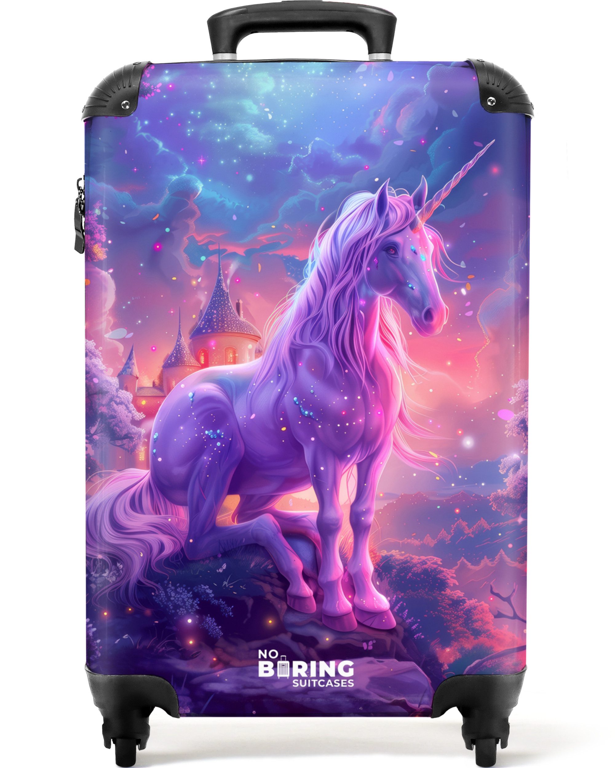 NoBoringSuitcases.com© Kinderkoffer Lila Einhorn in magischer Umgebung 55x35x20cm, 4 Rollen, Handgepäck-Koffer, Kinderkoffer, Reisekoffer Mädchen