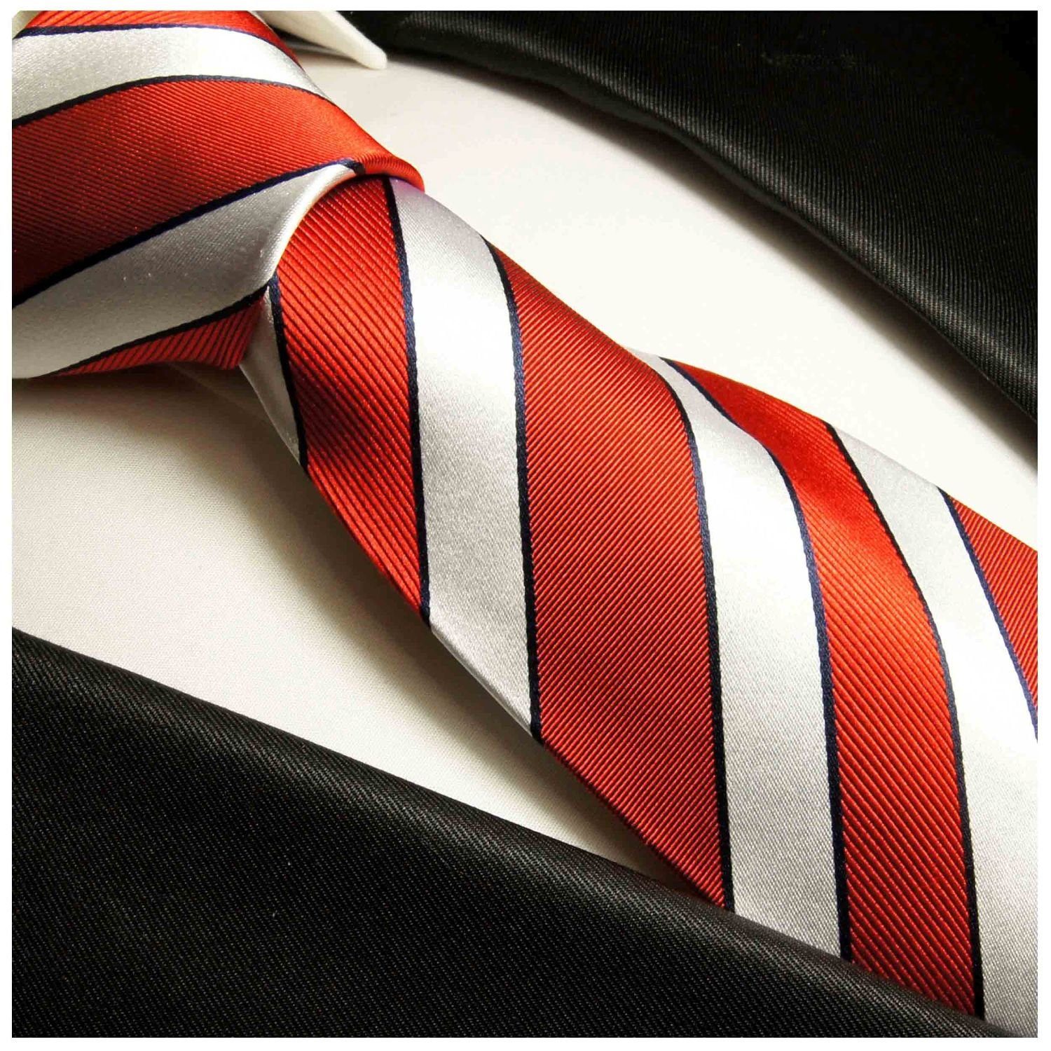 122 Einstecktuch) modern mit rot mit silber Krawatte (Set, Seide 100% gestreift 2-St., Tuch Malone Paul Krawatte (8cm), Seidenkrawatte Herren Breit