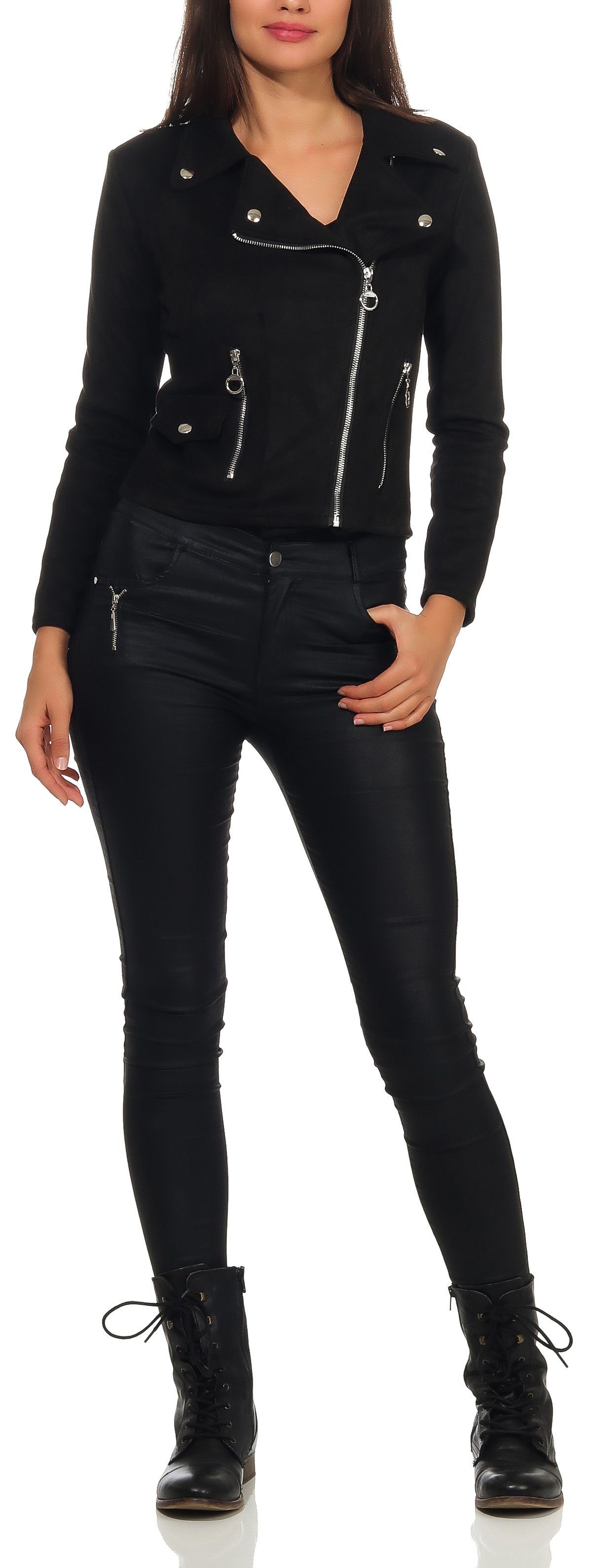 malito more than fashion Lederimitatjacke malito Damen Jacke, Velours Jacke, Biker Jacke mit Reißverschluss, Bikerjacke Slim Fit mit Reversekragen