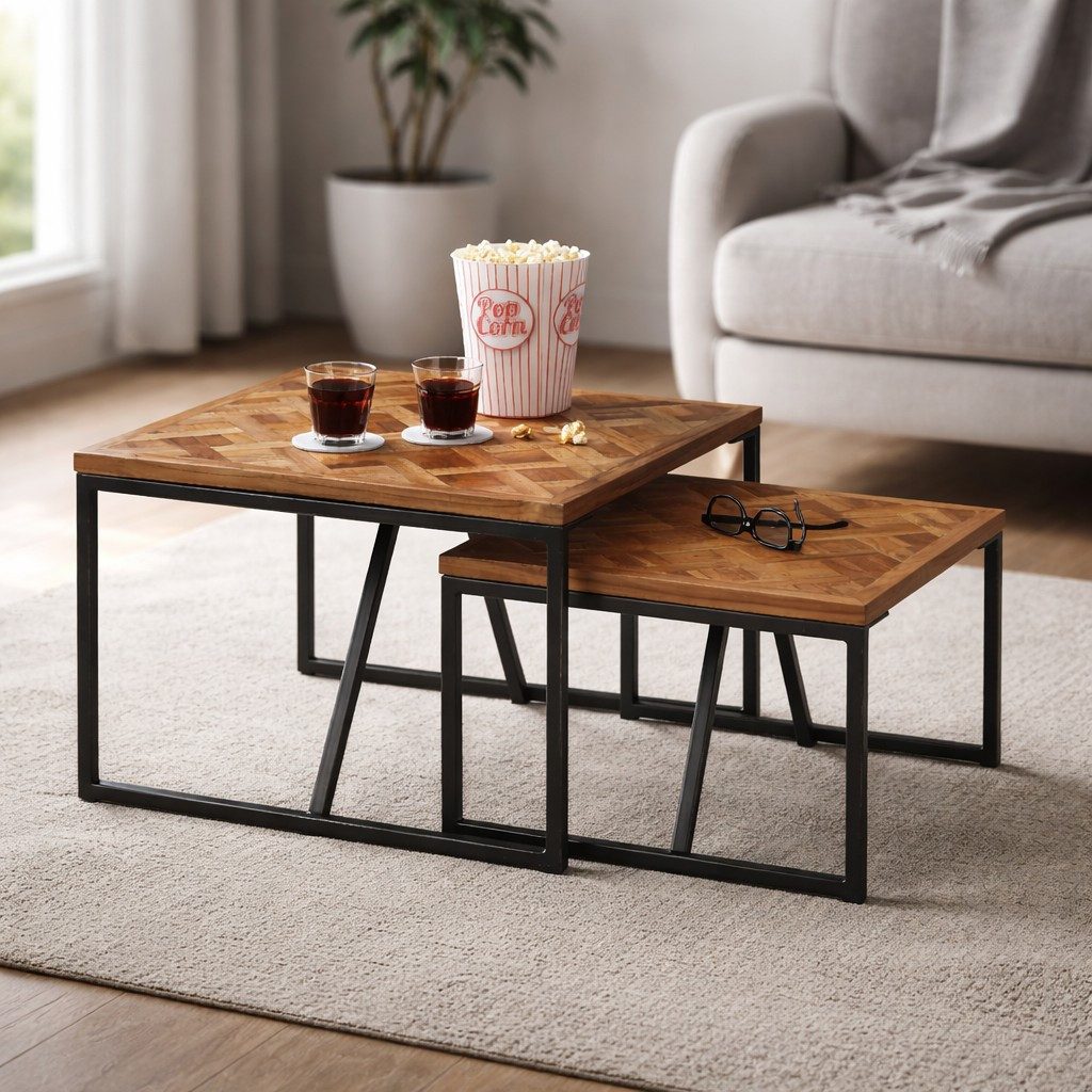 möbelando Couchtisch Lola (2er Set), 2er Set aus Teakholz&Metall im Industrial Design - 60x45x60cm (B/H/T)