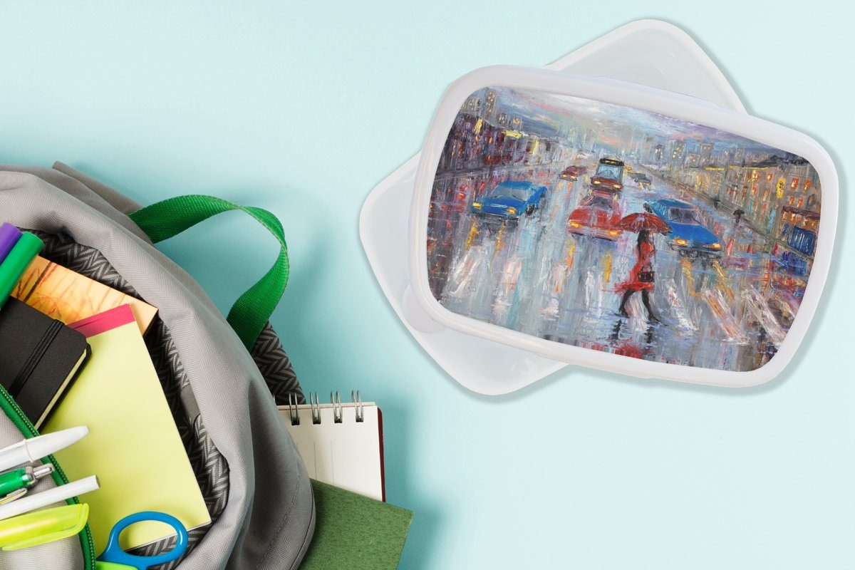 Lunchbox und Brotdose, weiß für - Kinder Erwachsene, - - Brotbox Jungs MuchoWow Gemälde Kunststoff, Öl Mädchen (2-tlg), Auto Zebrastreifen, und für