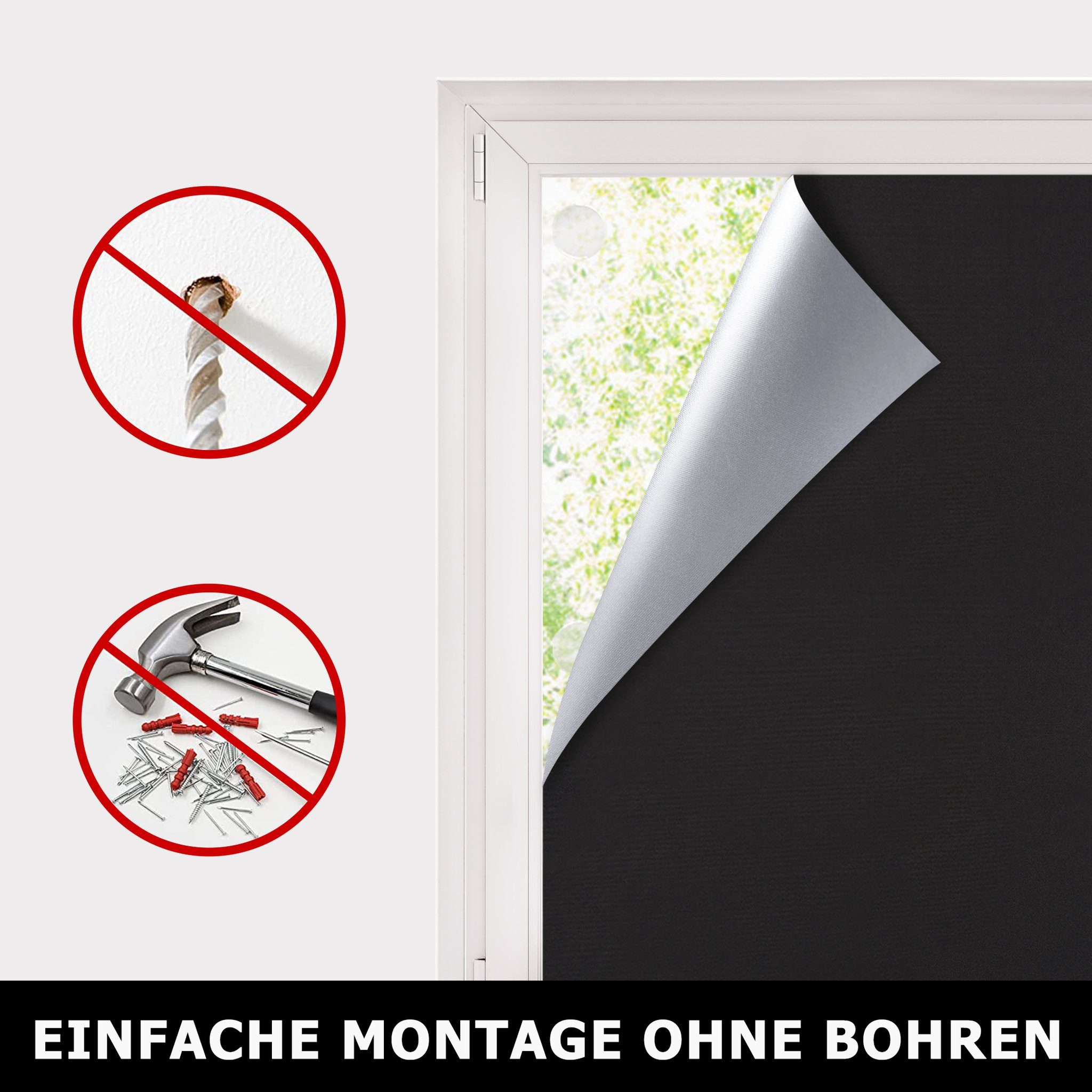 Victoria M. Fensterfolie Fenster-Verdunkelungsstoff Thermobeschichtung 140x200 cm schwarz, verdunkelnd, 100 % Blackout mit Thermobeschichtung, Inkl. 20 Gel-Klebepads