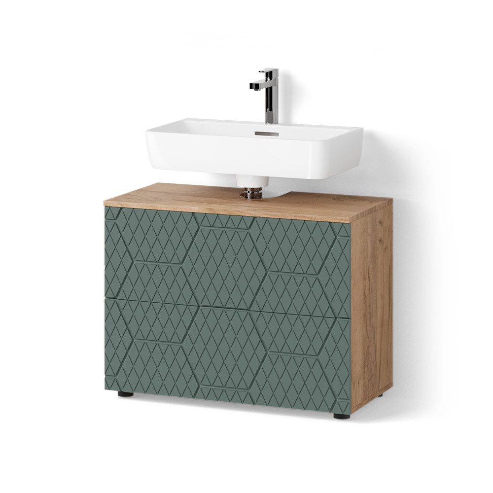 Livinity® Waschbeckenunterschrank Ronco, Grün/Goldkraft Eiche, 80 x 58.6 cm mit 2 Schubladen