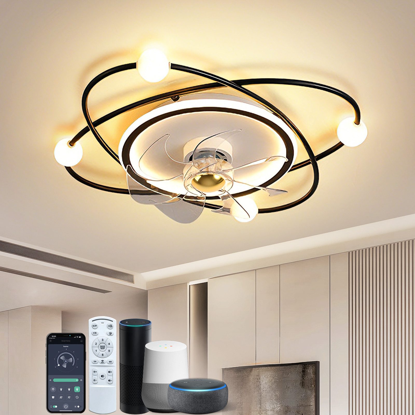 RRBEST Deckenventilator Moderne Deckenventilator mit Beleuchtung und Ventilator, für Wohnzimmer, Schlafzimmer, Esszimmer, Schwarz