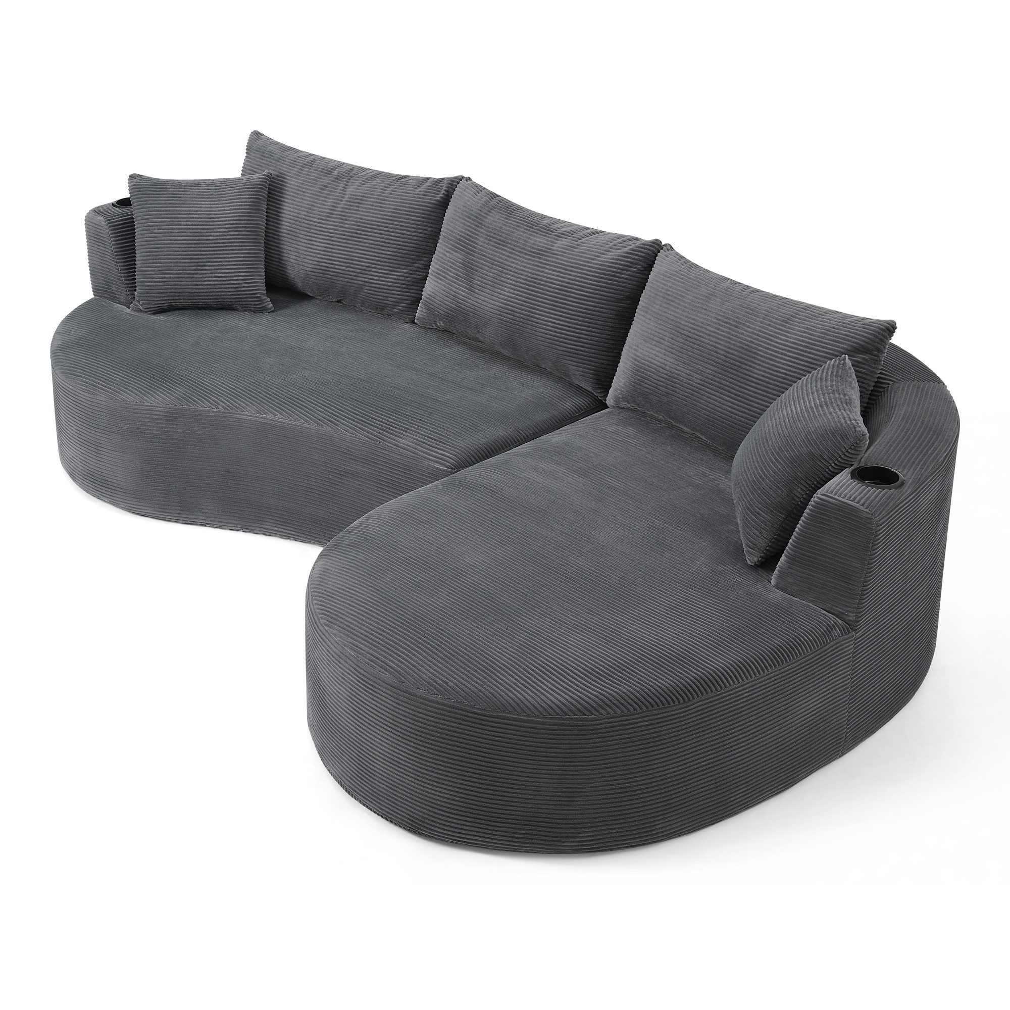 HAUSS SPOLE Ecksofa mit Getränkehalter,Sitzgruppe mit Rechte Chaiselongue & Kissen,Grau, Cordstoff mit Bogenförmiges Design & Vielseitige Nutzung, Vakuumverpackt & Einfache Montage