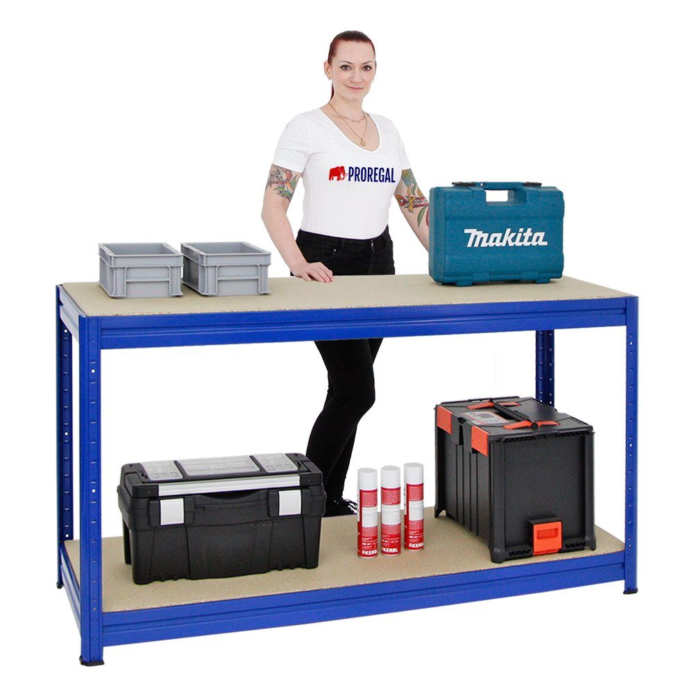 PROREGAL® Werkbank MegaDeal Höhenverstellbare Werkbank DINO HxBxT 90x120-160x60cm, Höhe der Einlegeböden lässt sich in 5 cm Schritten anpassen.