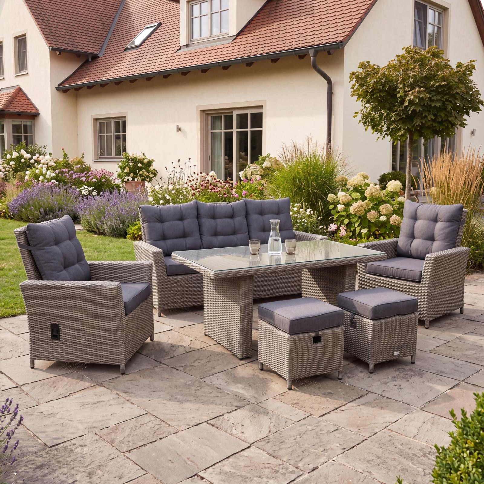 bellavista - Home&Garden® Gartenlounge-Set Dininglounge-Set Asti Polyrattan Braun 7 Personen mit Tisch, (Set, 19-tlg., Essgruppe), braun, Polyrattan, für 7 Personen, wetterfest - Garten, Terrasse