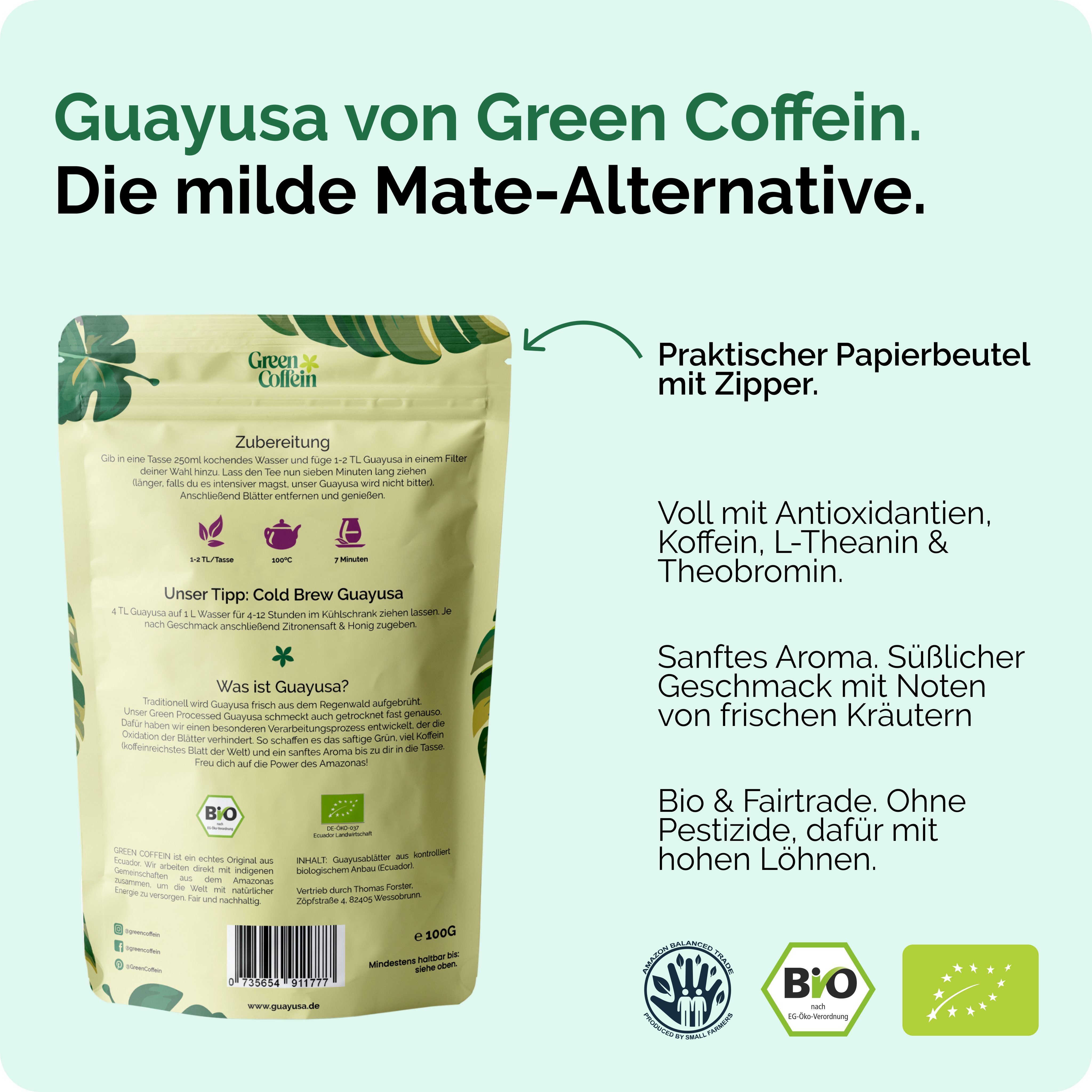Green Coffein Tee Bio Guayusa Tee – Natürlicher Wachmacher & Fokus (100g oder 500g), 1 x 100 g, 1 St., Fokus ohne Herzrasen oder Nervosität