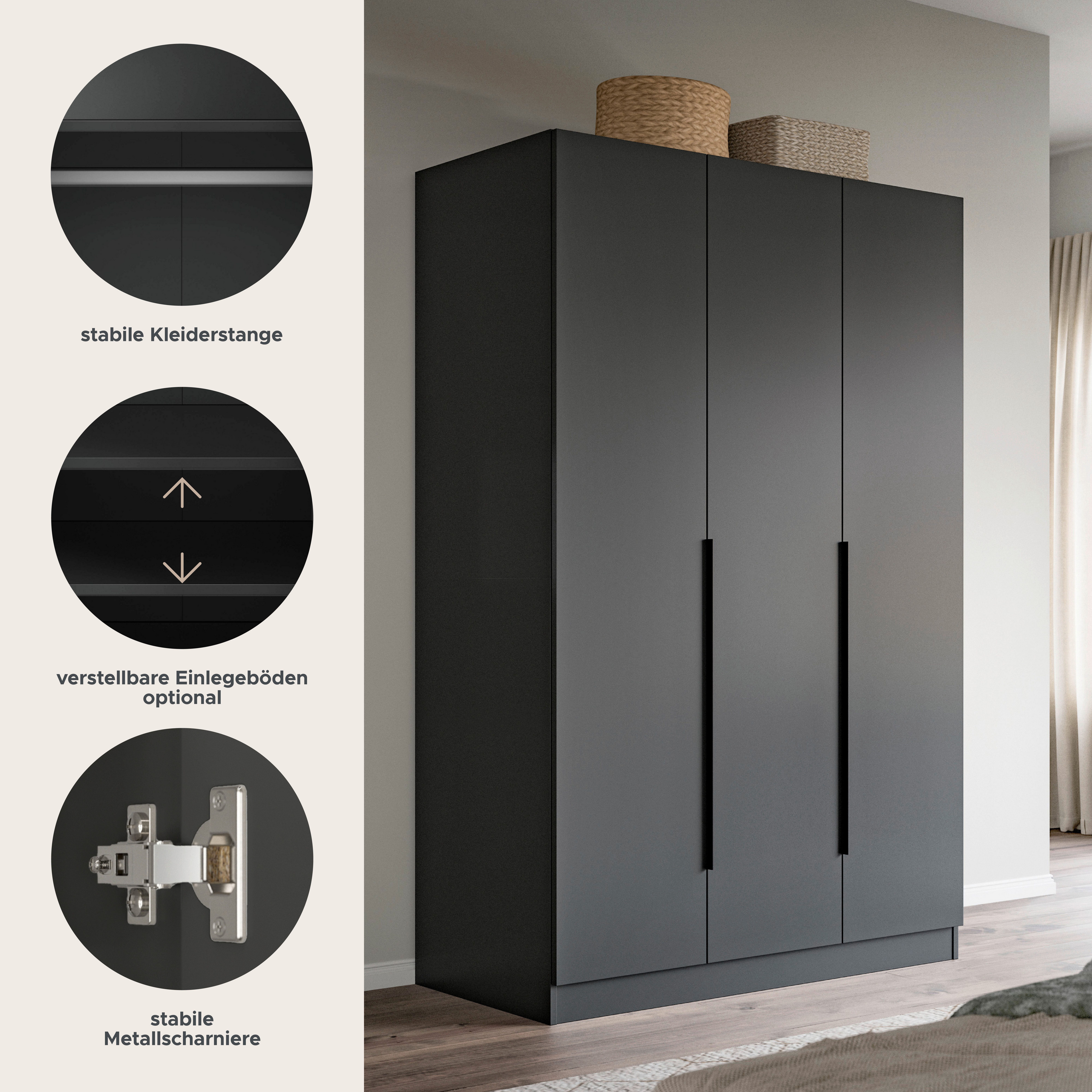 Home affaire Kleiderschrank Skarde Schlafzimmerschrank, Garderobe, Schrank (Otto Bestseller Garderobe Schlafzimmerschrank) Breite: 120 cm, anthrazit, Kleiderstange 4 Böden