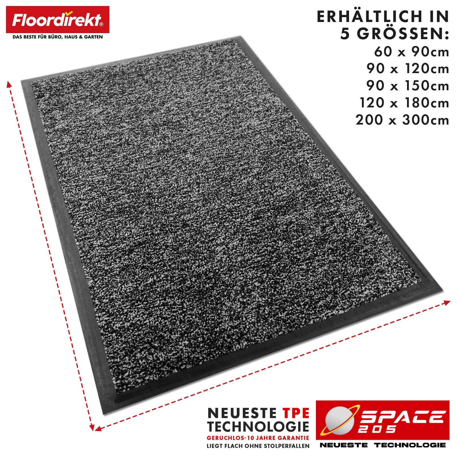 Floordirekt Fußmatte Space 205, Schmutzfangmatte hochabsorbierend - Matte Eingangsbereich, langlebig & rutschfest - Fußmatte innen/Schmutzfangmatte außen