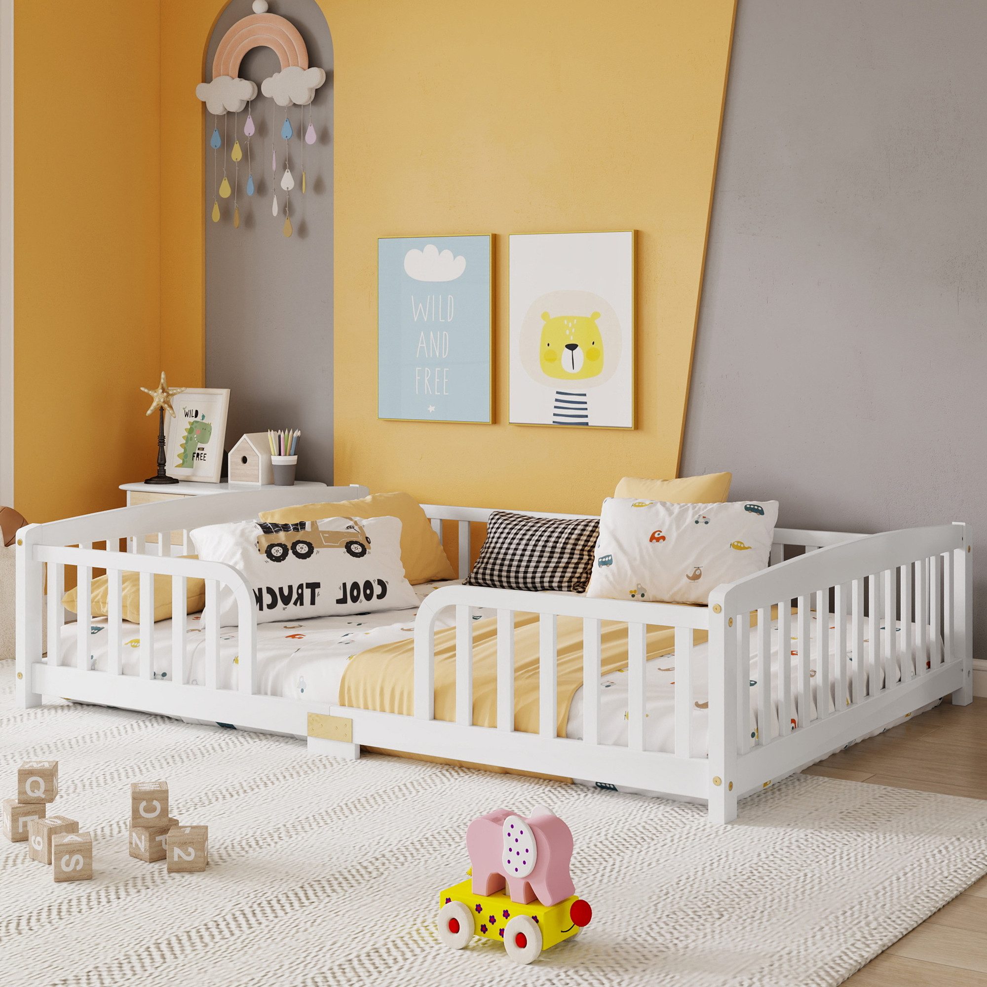 Celya Holzbett mit Sicherheitsgeländern (ohne Matratze, Zugangsöffnung mit abgerundeten Ecken, Einfache Montage), Geeignet für Schlafzimmer, Kinderzimmer, Jugendzimmer