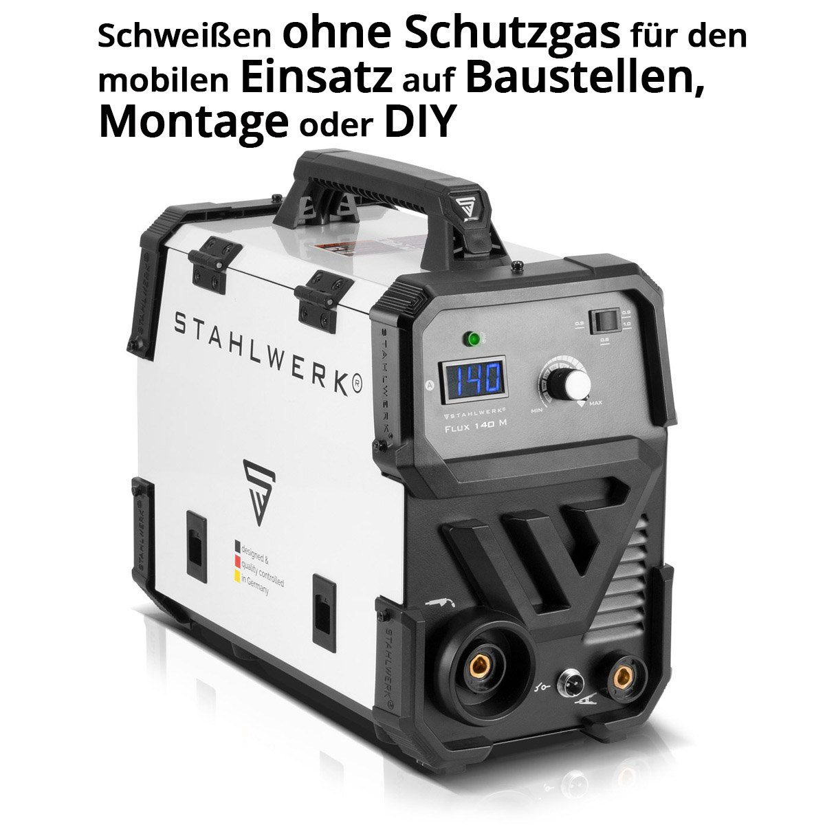 FLUX Drahtvorschub, Fülldrahtschweißgerät 140 M ohne - A, Ampere, 140 Schweißgerät mit 60974-1 54 Fülldraht Komplett-Set, 140 IEC Schutzgas, synergischem Schweißen 7-tlg., STAHLWERK