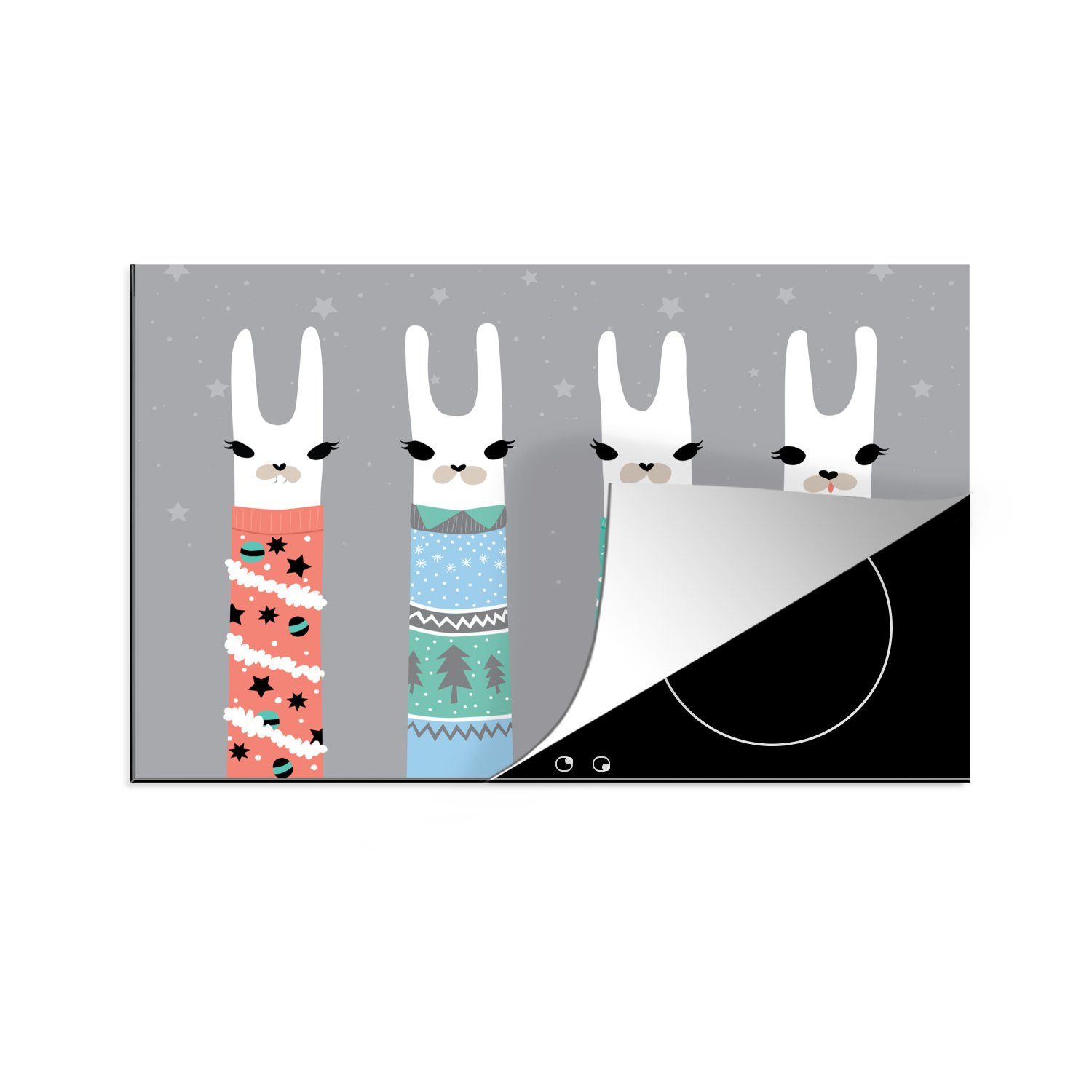 MuchoWow Herdblende-/Abdeckplatte Lama - Weihnachtspullover - Grau, Vinyl, (1 tlg), 81x52 cm, Induktionskochfeld Schutz für die küche, Ceranfeldabdeckung