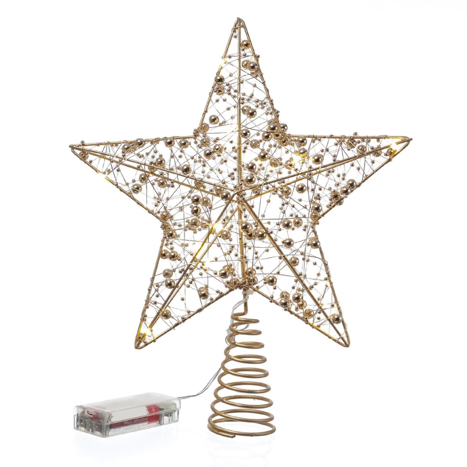 MARELIDA Christbaumspitze LED Weihnachtsbaumspitze Stern mit Perlen beleuchtet Timer 29cm gold