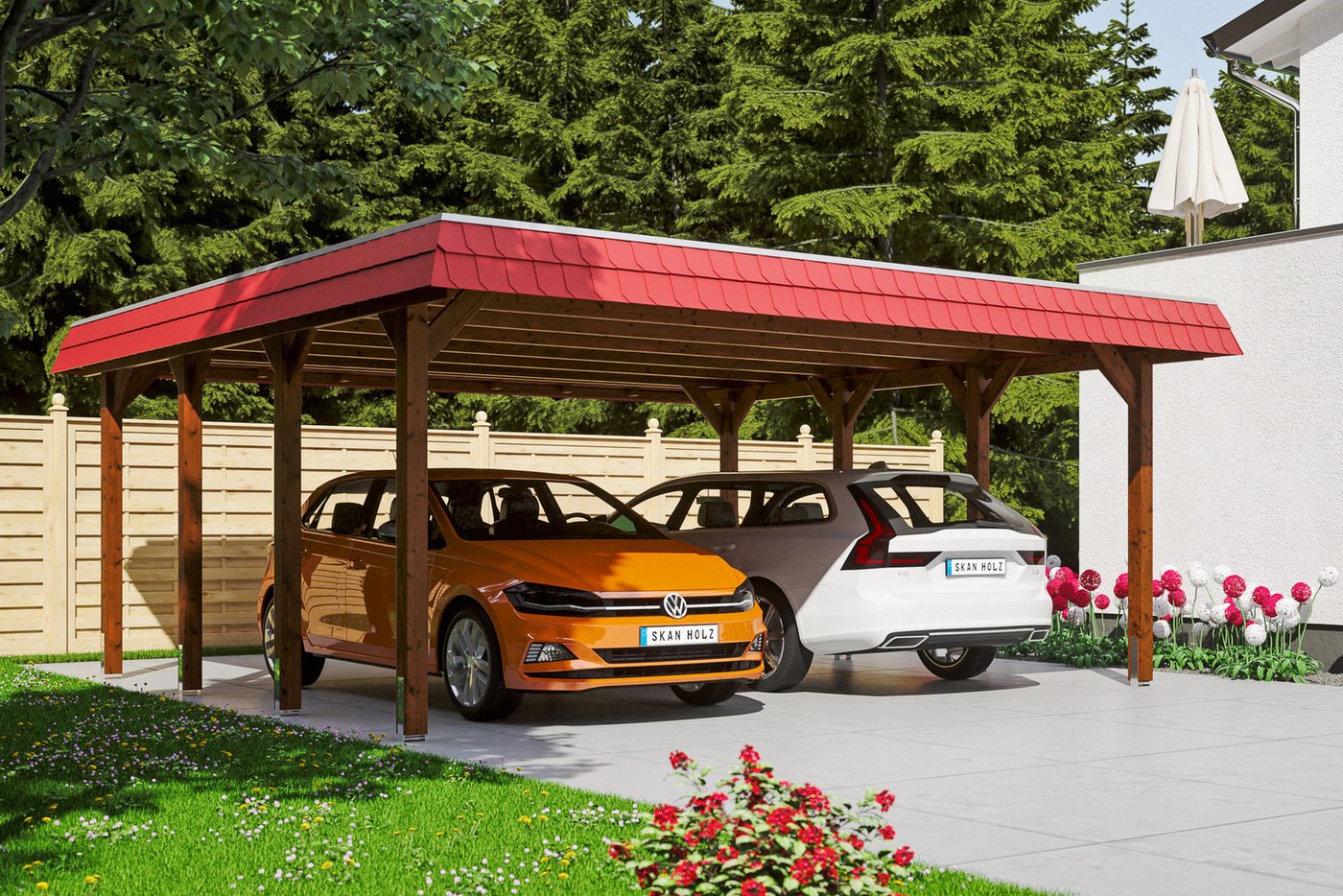 Thumbnail - Skanholz Doppelcarport Spreewald, BxT: 585x589 cm, 215 cm Einfahrtshöhe, mit EPDM-Dach, rote Blende
