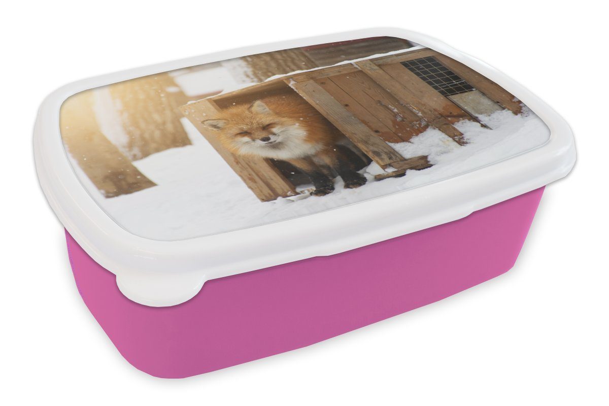 MuchoWow Lunchbox Rotfuchs - Japan - Holz, Kunststoff, (2-tlg), Brotbox für Erwachsene, Brotdose Kinder, Snackbox, Mädchen, Kunststoff rosa