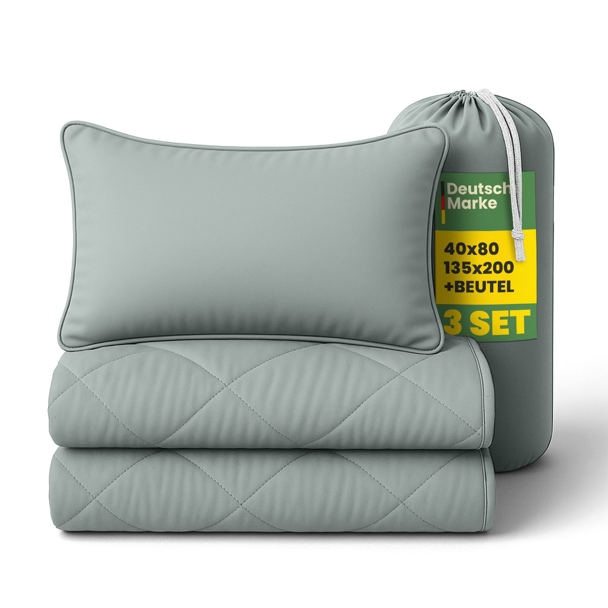 Bestlivings Steppbett + Kopfkissen inkl. Beutel für Reisen/Camping, Füllung: Polyester, Decke 135x200, Kissen 40x80, ohne Bettwäsche nutzbar, 60°C waschbar