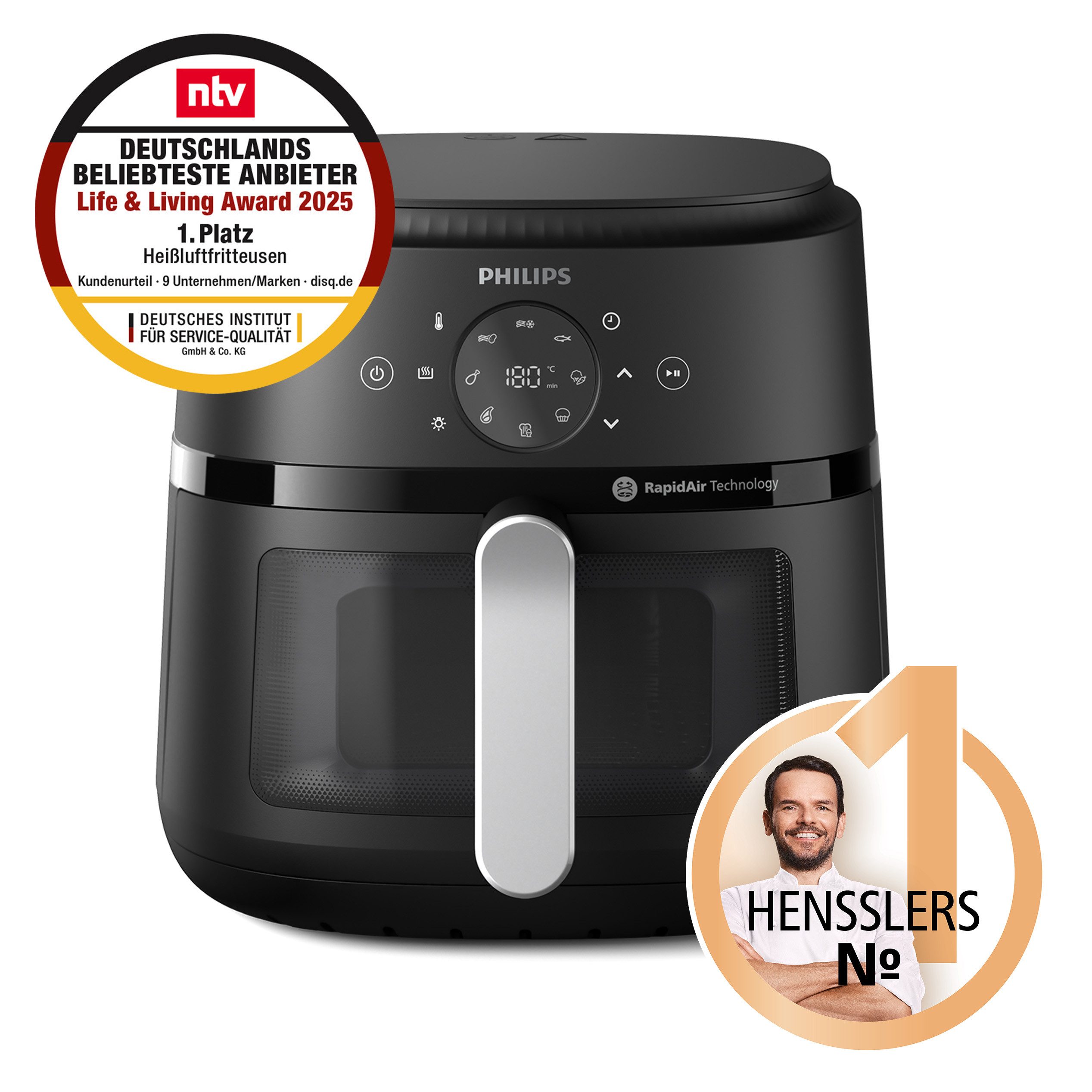 Philips Heißluftfritteuse Airfryer 2000 NA231/00, mit 6.2L, Sichtfenster, 1700 W, RapidAir Technologie und 13 Kochfunktionen; Schwarz/Silber