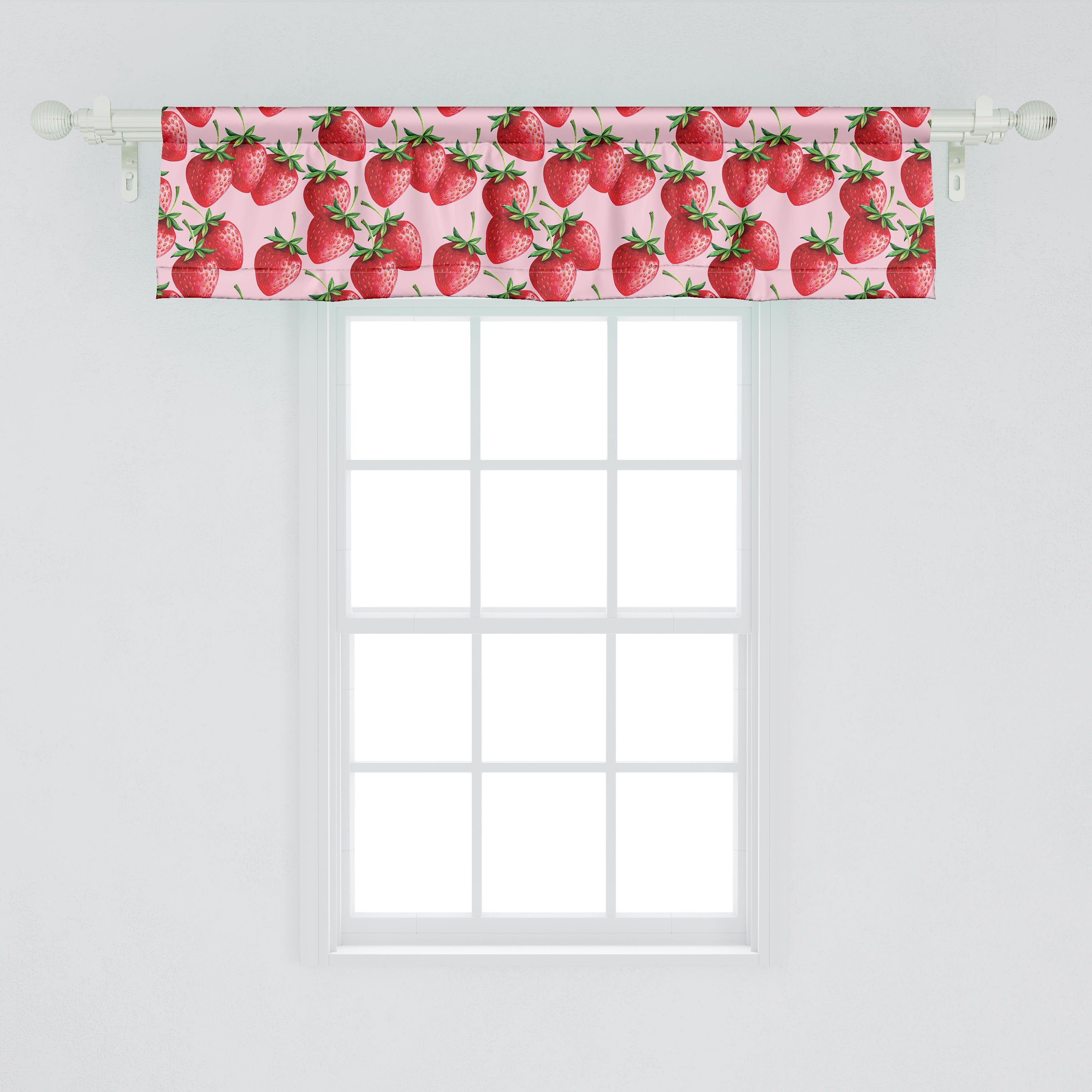 Scheibengardine Vorhang Volant für Küche rot mit Obst Abakuhaus, Stangentasche, Dekor Microfaser, Saftige Erdbeeren Schlafzimmer
