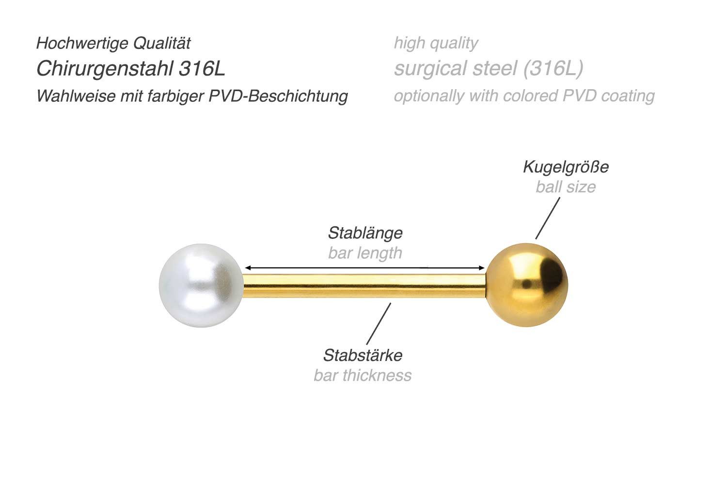 PIERCINGLINE Brustwarzenpiercing Chirurgenstahl Barbell SYNTHETISCHE PERLE + CHIRURGENSTAHL-KUGEL (Barbells, 1-tlg)