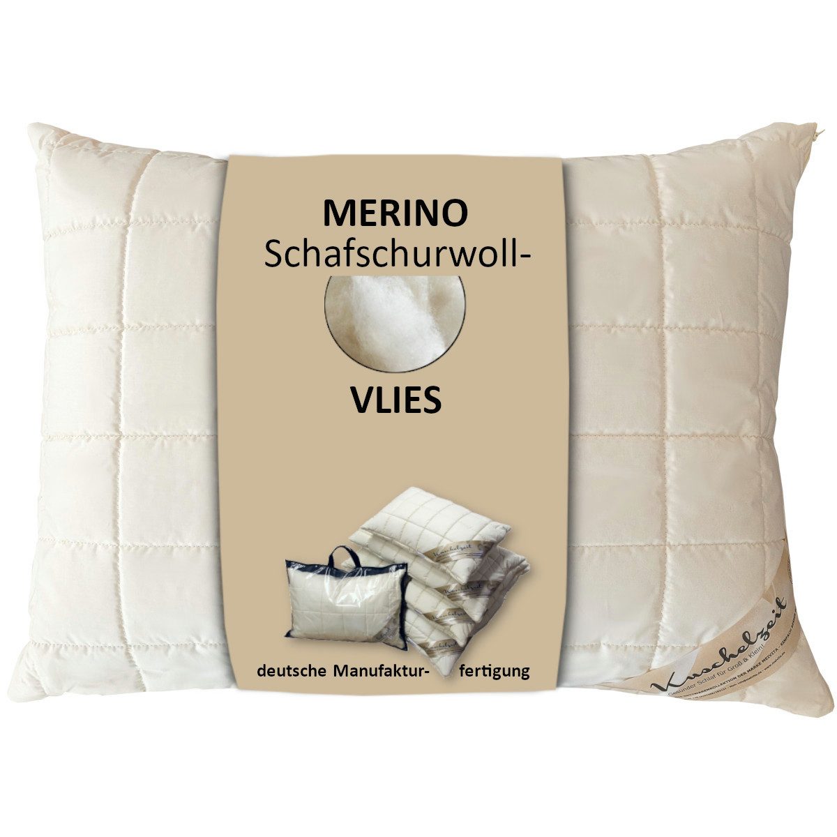 Meivita Naturhaarkissen Merino Schafschurwolle Kopfkissen, Füllung: 100% Wolle (Schurwollvlies), Bezug: 100% Baumwolle untersteppt mit 100% Wolle (Merino Schafschurwollvlies), Seitenschläfer, Rückenschläfer, Kissen Hergestellt in Deutschland