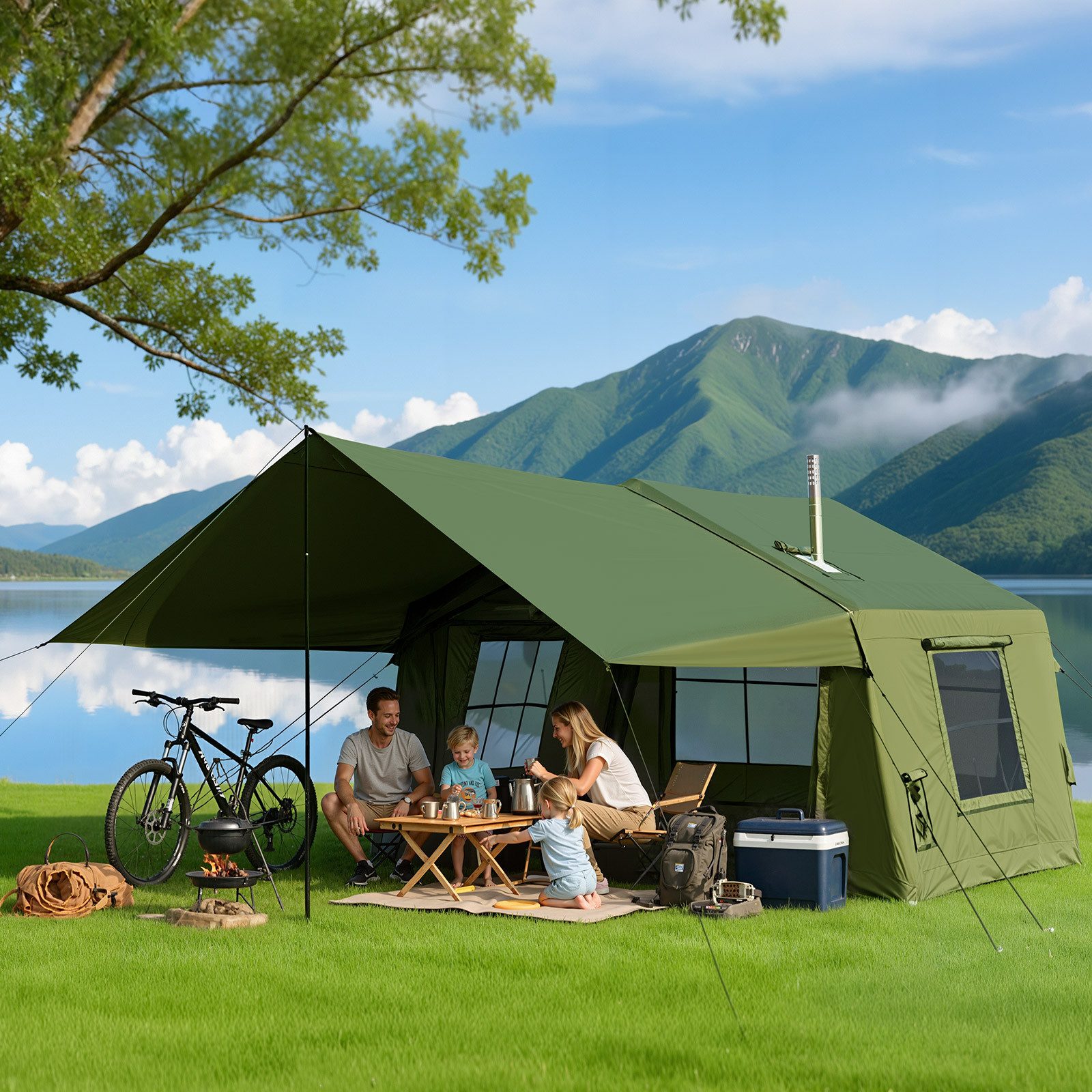 Meulbaty aufblasbares Zelt Air Glamping Zelte, Gampingzelt aus wasserdichtem Oxford-Stoff, Personen: 6 (1 tlg), mit aufrollbarem Trennvorhang & 4 großzügigen Belüftungsfenstern