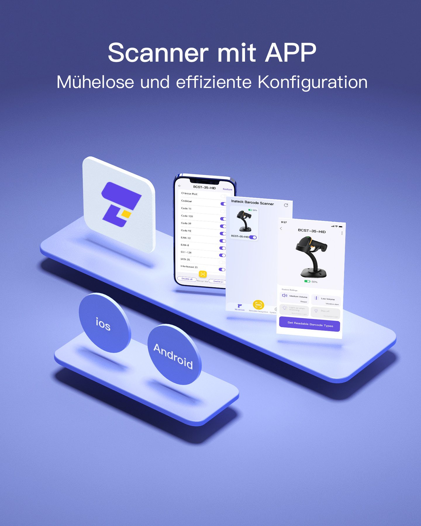 Inateck 1D 2D Barcode Scanner, kabelloser QR Code Scanner mit APP und SDK Handscanner, (mit Intelligentem Ständer)