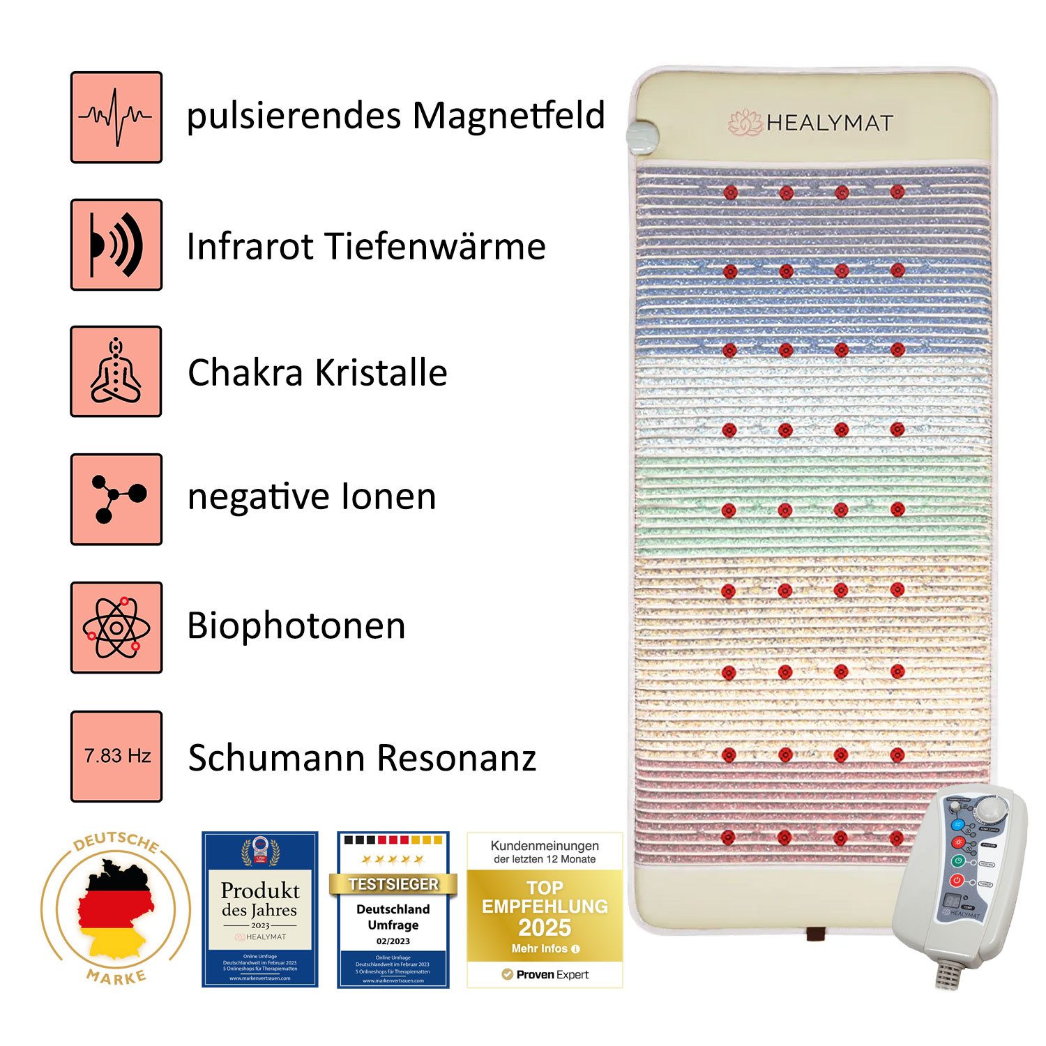 Healymat Massagematte Magnetfeldmatte Basic, Magnetfeldtherapie Matte, Infrarotmatte, Rotlicht-Therapie, Biophotonen Licht 660 nm, negative Ionen, Chakra Kristalle, optimiert Heilungsprozesse, fördert die Durchblutung, verbessert den Schlaf, entgiftet den Körper, aktiviert Selbstheilung