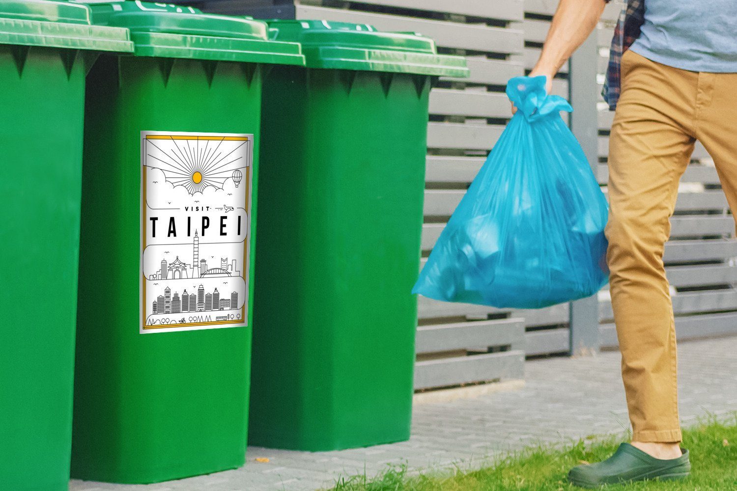 Mülleimer-aufkleber, Taipeh Wandsticker Mülltonne, - (1 St), Stadtbild Container, weiß Sticker, MuchoWow Abfalbehälter
