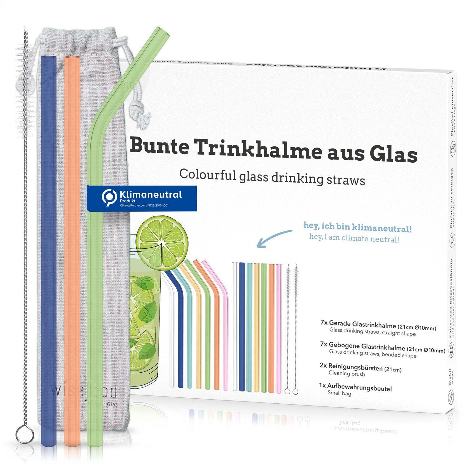 wisefood Trinkhalme Glas Trinkhalm Set bunt: 14 Halme + 2 Bürsten - 16, (14-tlg)