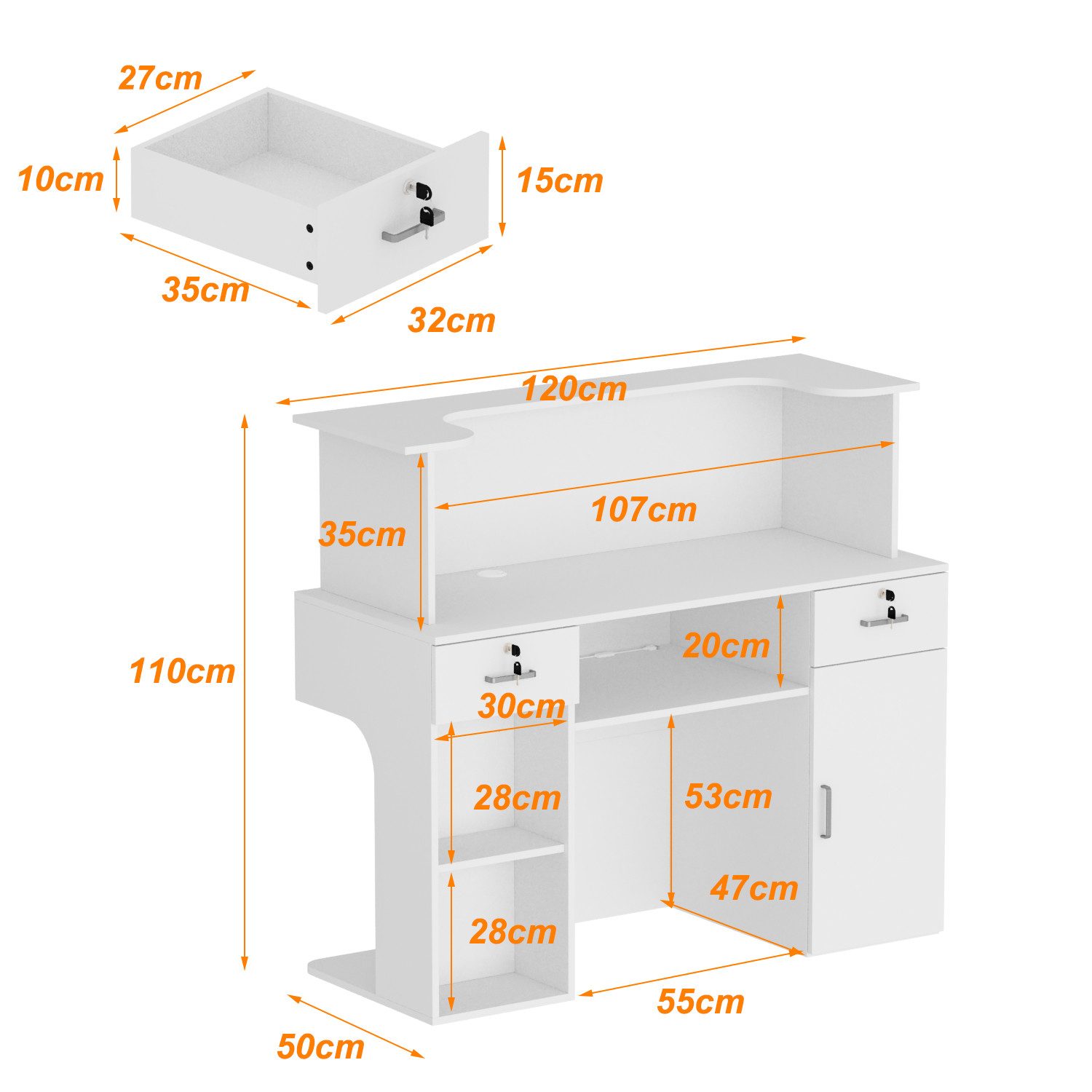 HOMSEE Empfangstheke Empfangstresen mit LED-Beleuchtung, 120×110×50 cm, abschließbar (1-St), mit viel Stauraum, modernes Weißdesign