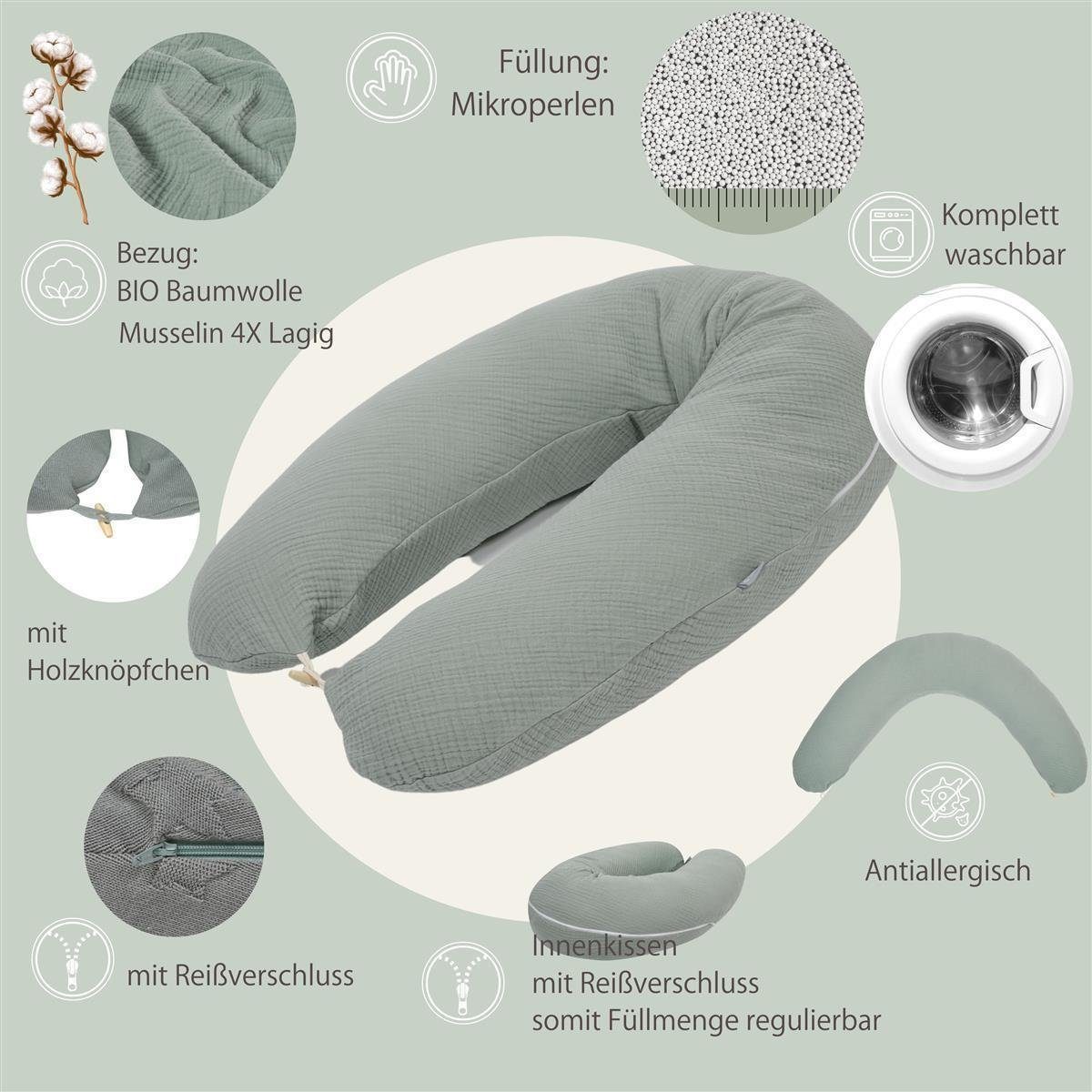 Mikroperlen, Bezug, EPS Babynestchen BIO Schwangerschaftskissen Stillkissen Baumwolle Design Seitenschläferkissen Musselin SEI mit mit