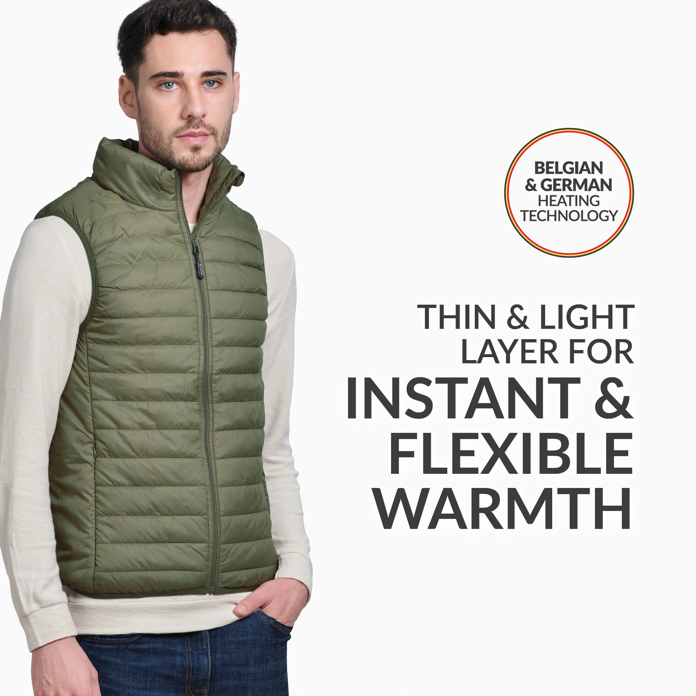 30seven Steppweste beheizte Weste - Regular Fit Herren - Khaki 7,4V Set inkl. Powerbank & Ladegerät