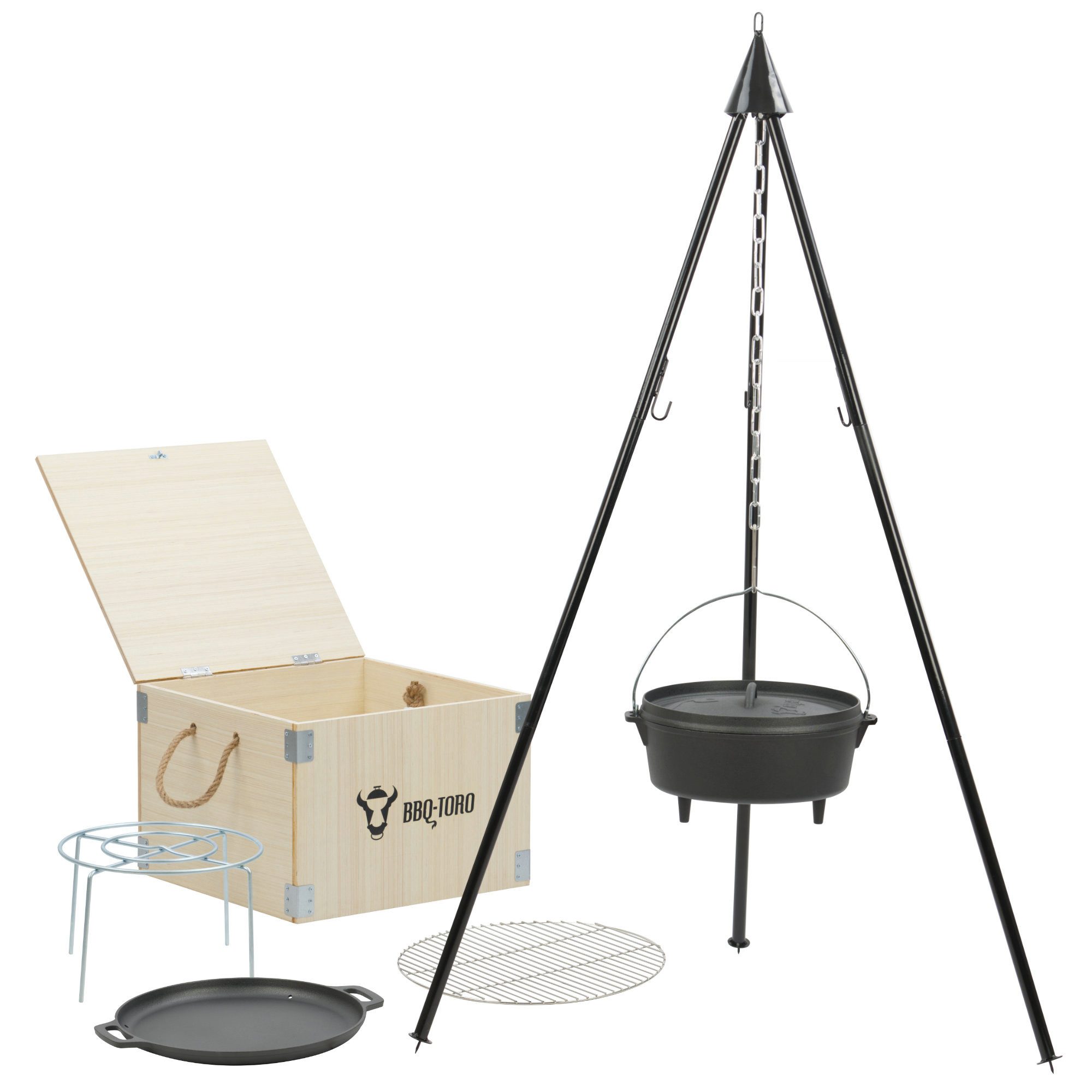 BBQ-Toro Holzkohlegrill Dutch Oven Set 6-teilig mit Holzkiste, mit Topf, Pfanne, Grillrost, Set 6-teilig