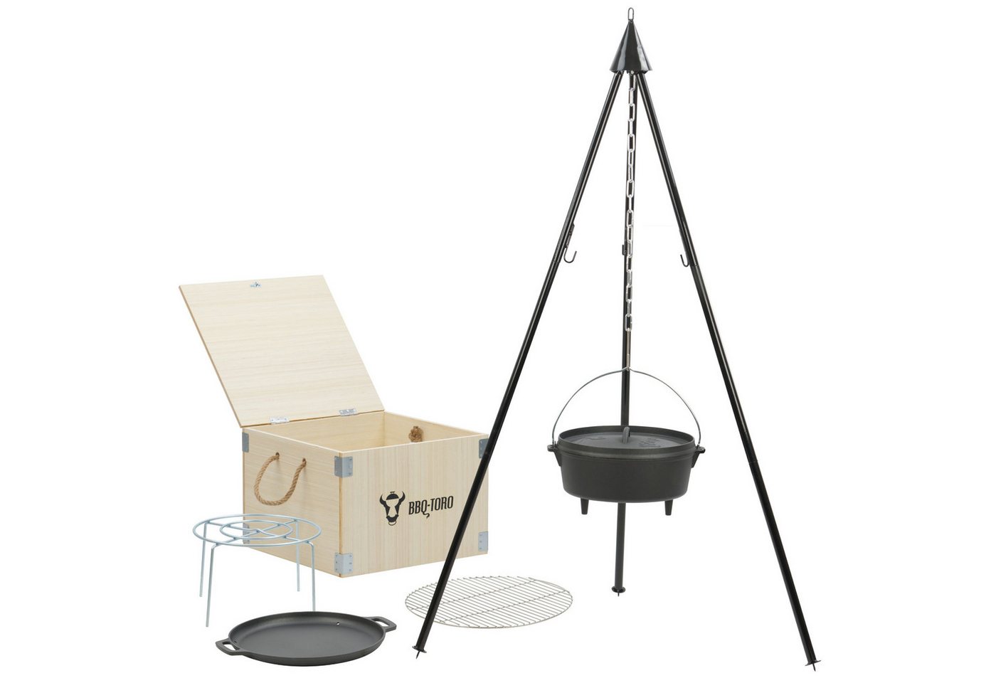 BBQ-Toro Holzkohlegrill Dutch Oven Set 6-teilig mit Holzkiste, mit Topf, Pfanne, Grillrost, Set 6-teilig