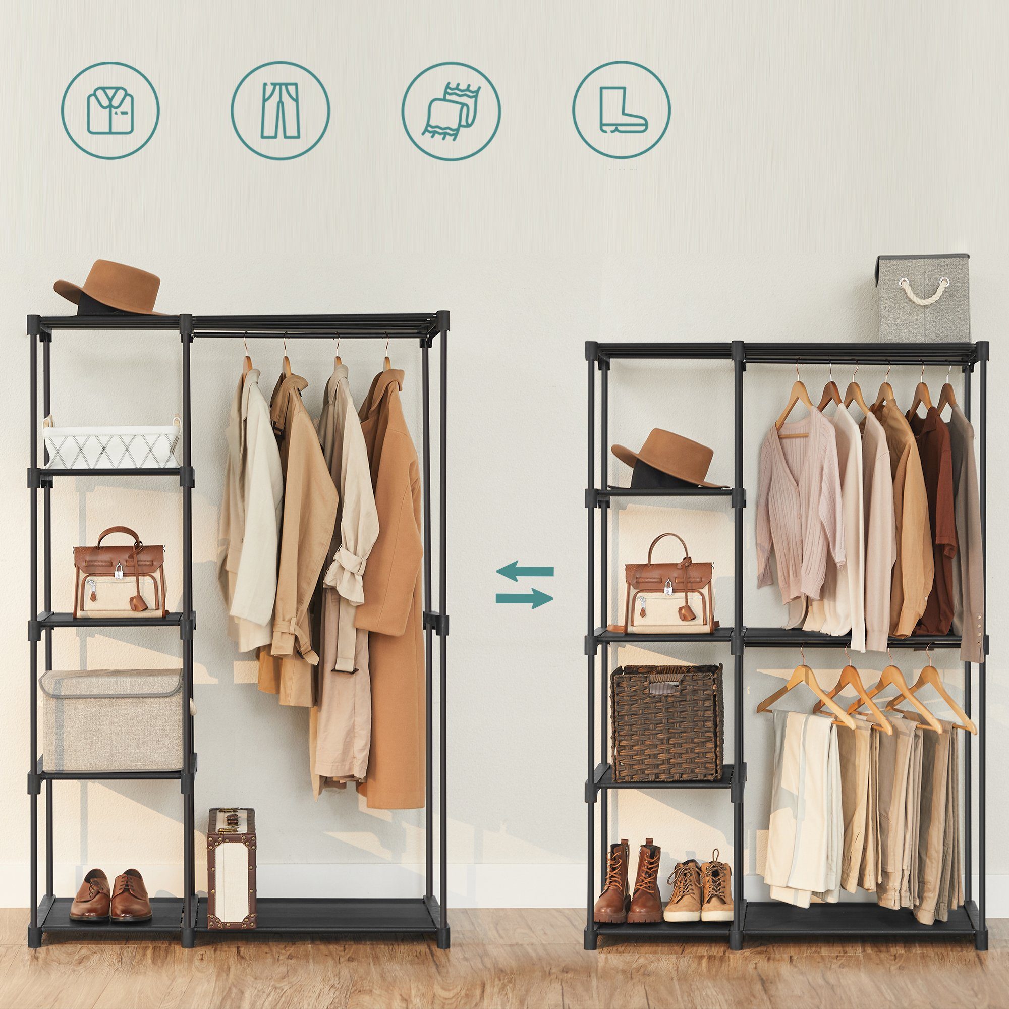 SONGMICS Kleiderschrank offen, freistehende Garderobe, Standregal mit Kleiderstangen, Garderobenständer