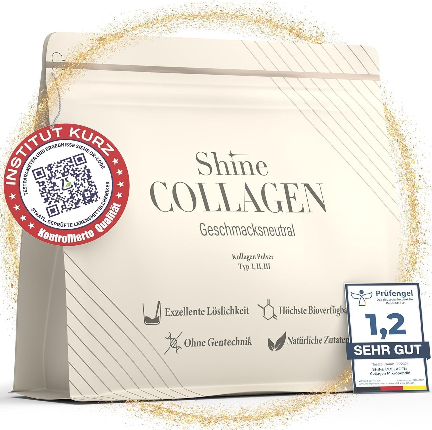 Shine Collagen Pulver - 100% Kollagen Peptide, Premium Hydrolsat Typ 1,2 und 3 Pulver, 300 g, Perfekte Löslichkeit, Geschmachsneutral