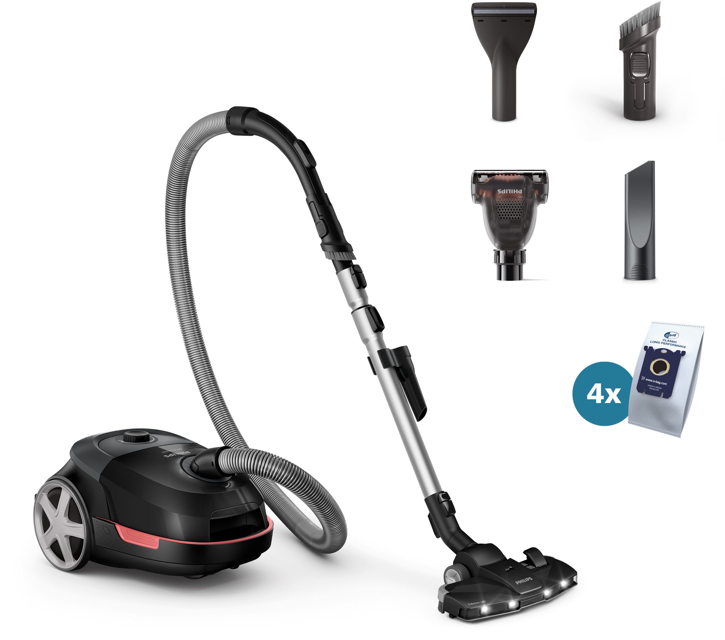 Philips Пилосмоки XD6142/12 6000 Serie, der Tierfreund mit spezieller Mini-Pet-Düse, 900 W, mit Beutel, HEPA-Всіrgiefilter, TriActive+ LED-Düse, 4 l; Tiefschwarz glänzend