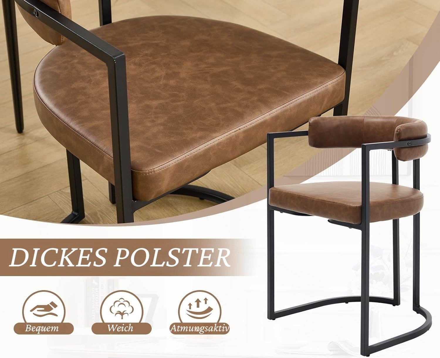 WAHSON OFFICE CHAIRS Esszimmerstuhl 2/4er Set Samt/Kunstleder/Kunstfell-Eckstühle, schwarze Metallbeine (4 St) – Bild 4 von 5