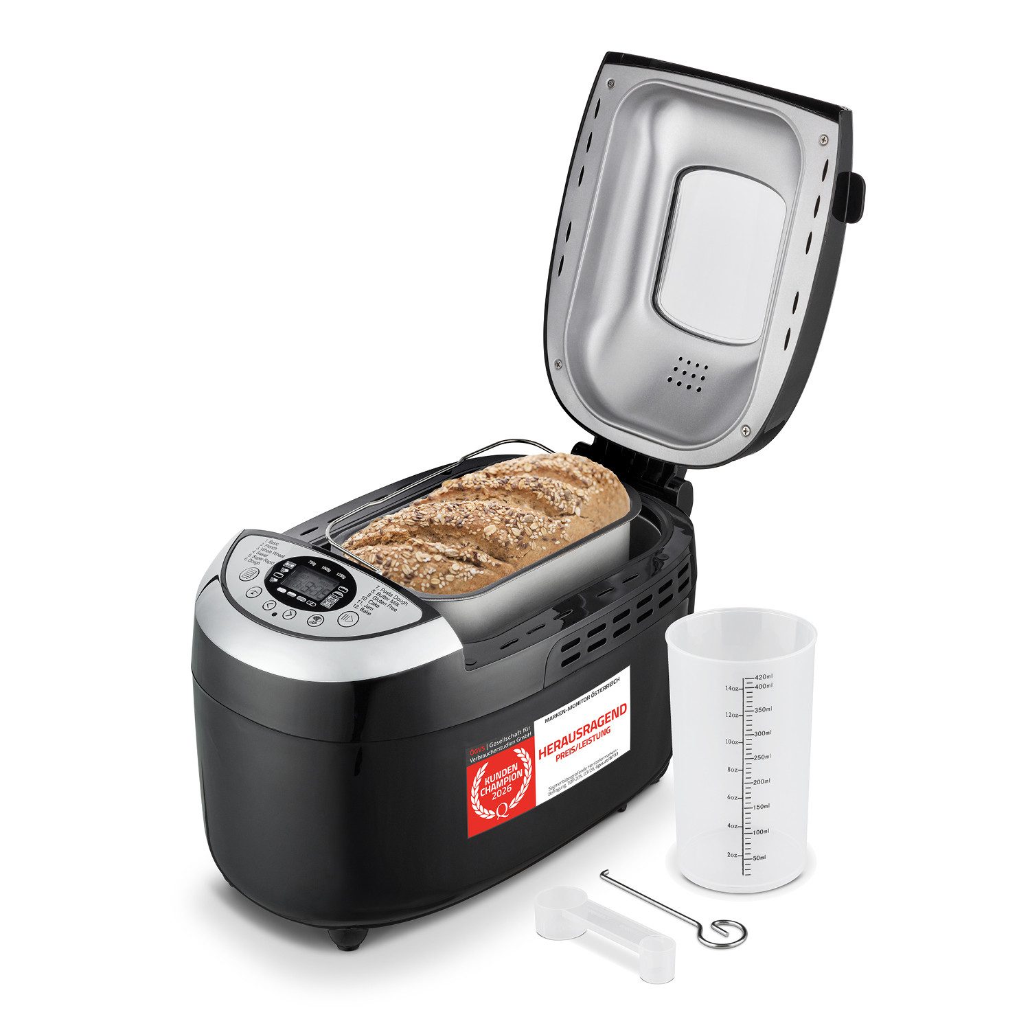 TZS FIRST AUSTRIA Brotbackautomat 850W, 900-1250 g, 12 Funktionsmenüs, Antihaftbeschichtet, Timer, 850 W, Warmhaltefunktion, herausnehmbare Brotform, inkl. 2 Knethaken