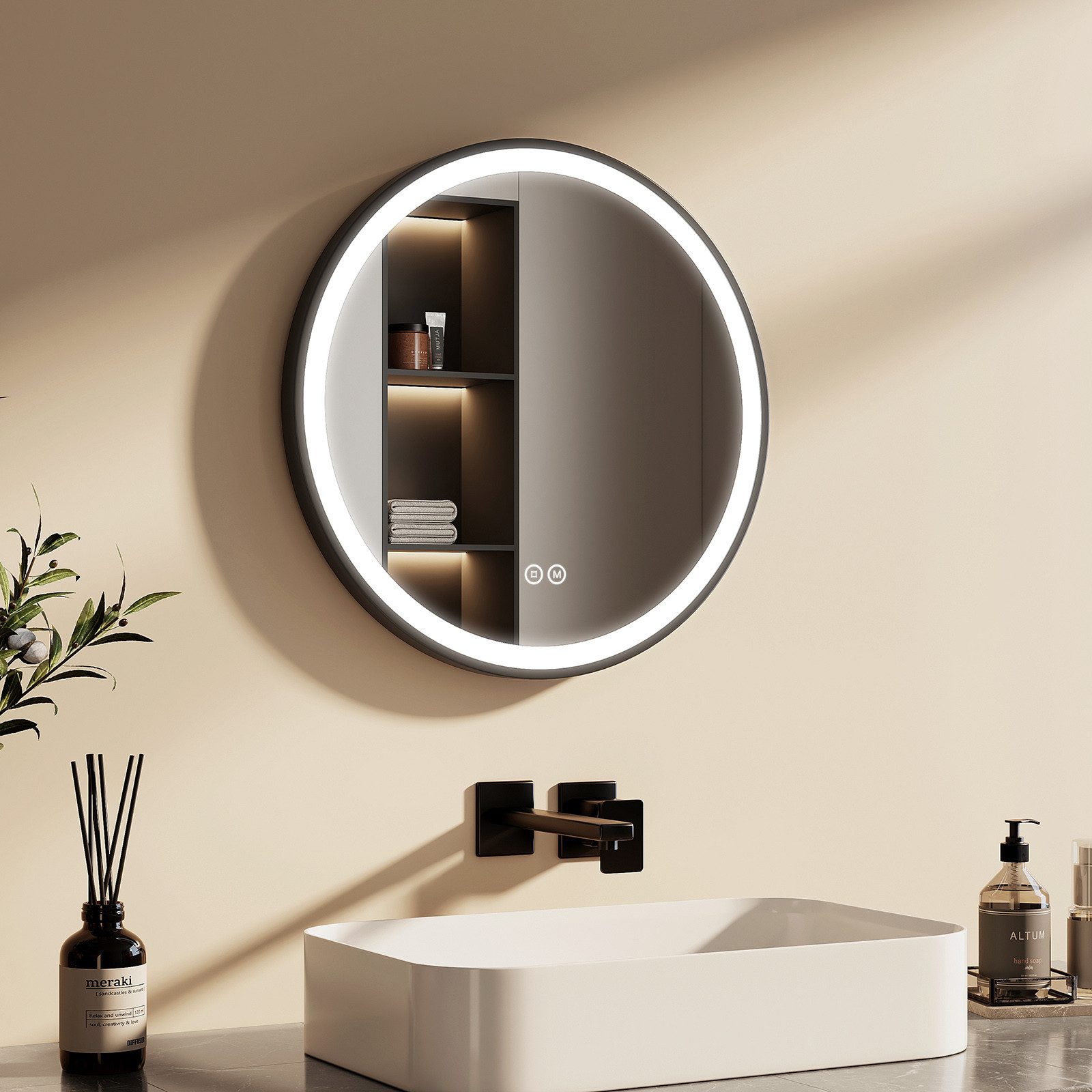 EMKE Badspiegel mit Beleuchtung Rund Badezimmerspiegel schwarzem Rahmen (Mo günstig online kaufen