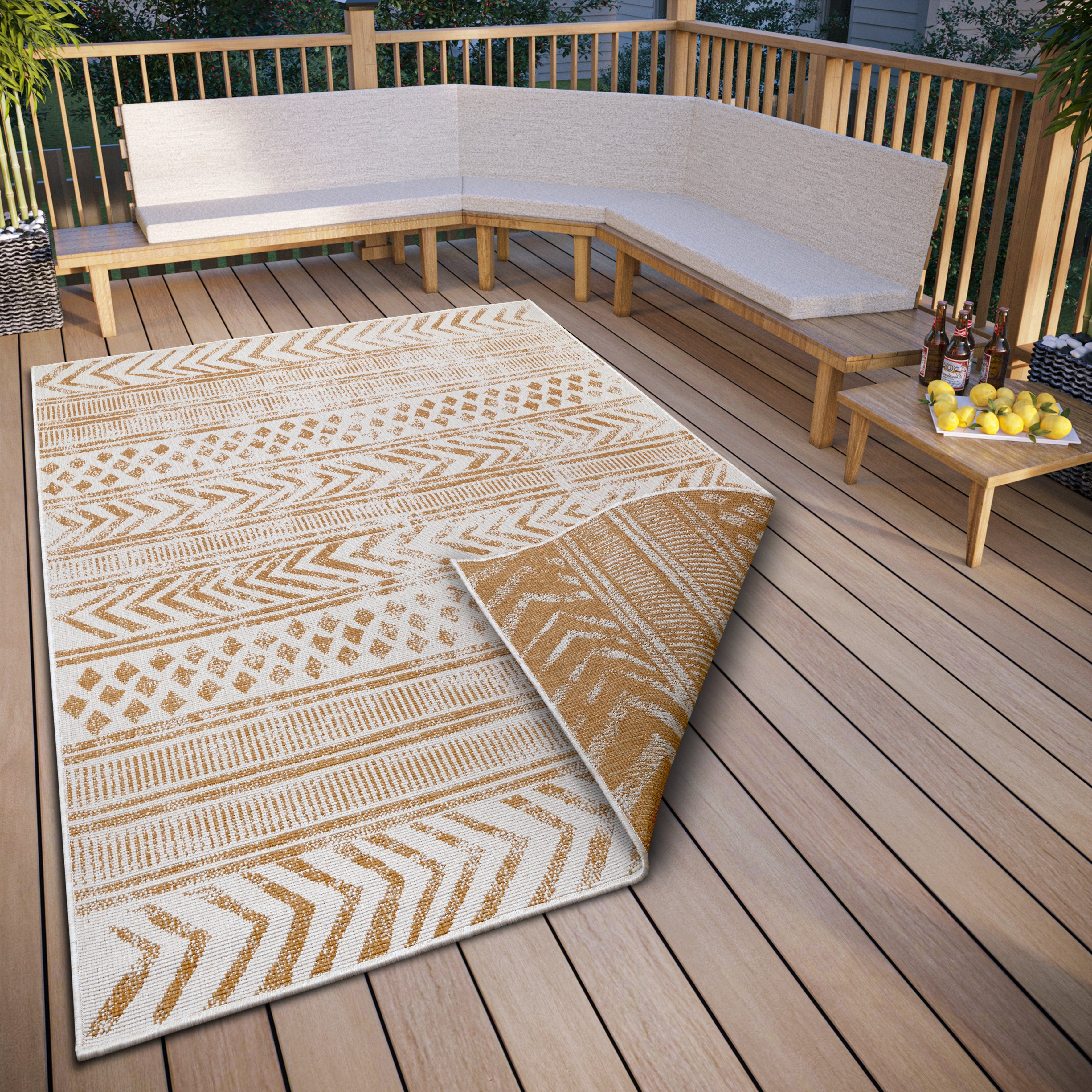 Teppich BIRI Wendeteppich, NORTHRUGS, rechteckig, Höhe: 5 mm, In-& Outdoor, Wetterfest, Balkon, Garten, Wohnzimmer, Wasserfest, Boho ocker