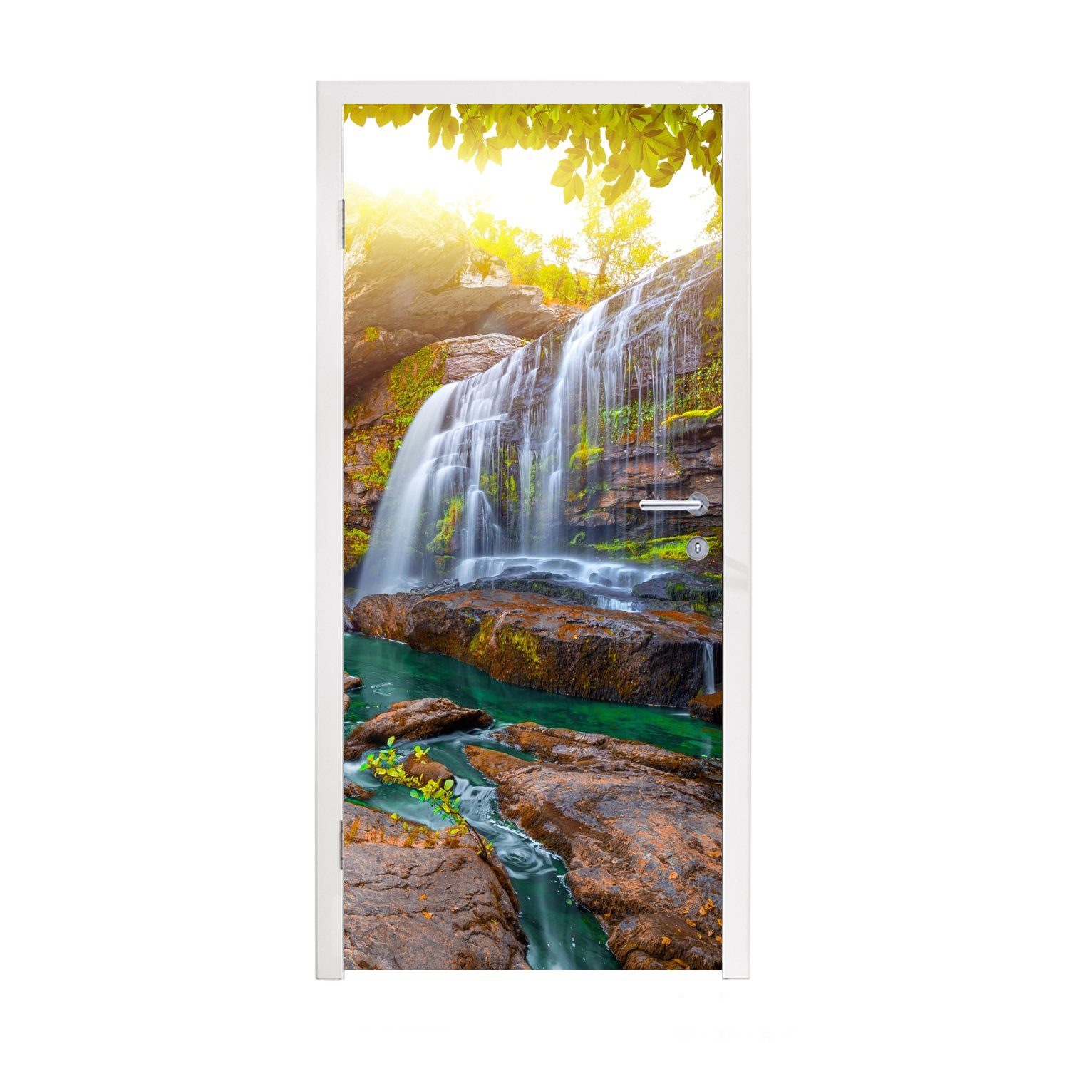 MuchoWow Türtapete Natur - Wasserfall - Pflanzen - Bäume - Sonne, Matt, bedruckt, (1 St), Fototapete für Tür, Türaufkleber, 75x205 cm