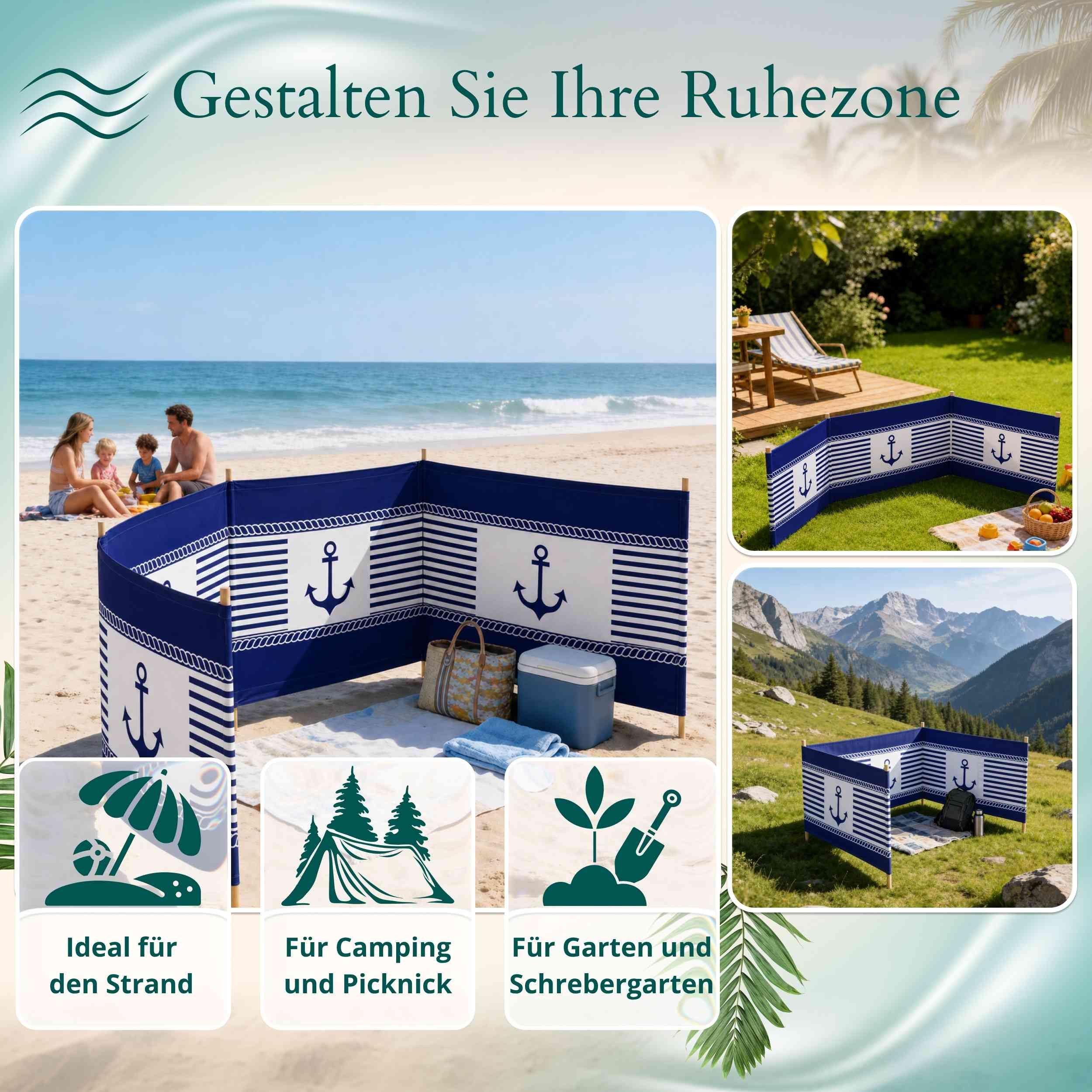 Lantigo Windschutz Sichtschutz Sonnenschutz Strandparavent aus Mikrofaser – portabel, (Blaue Anker, Länge: 4 m), - Faltbarer Sonnenschutz für Strand, Camping &  – Bild 5 von 5