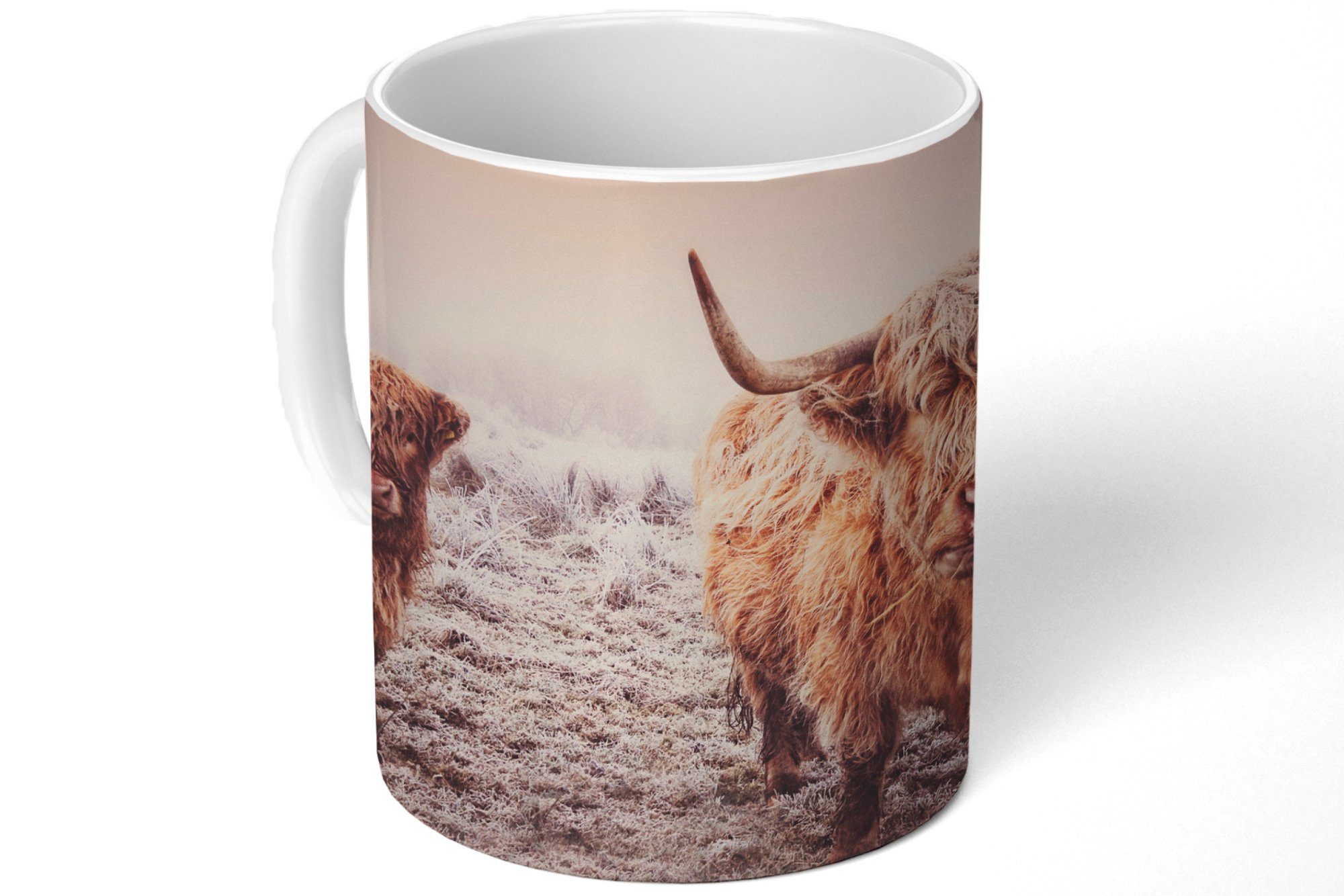 MuchoWow Tasse Schottische Highlander - Schnee Sonne, Keramik, Geschenk Becher, Teetasse, - Kaffeetassen, Teetasse