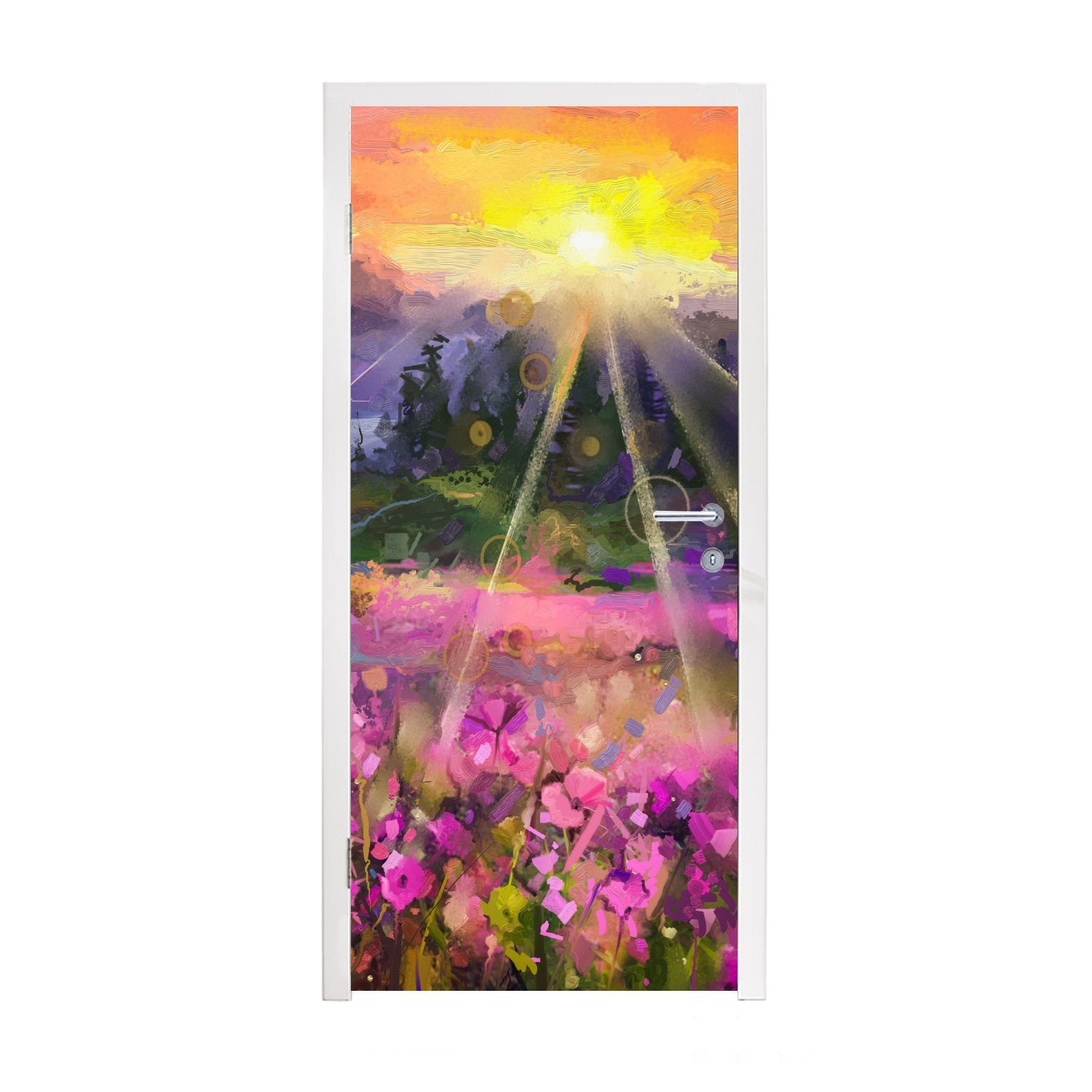 MuchoWow Türtapete cm - - Türaufkleber, Sonne, Blumen Tür, Gemälde - - bedruckt, 75x205 Matt, Fototapete (1 St), Natur für Ölfarbe