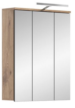 möbelando Spiegelschrank Missoula Moderner Spiegelschrank, Korpus aus Spanplatte in "Nox Oak", mit 3 Spiegeltüren und 9 Ablageböden, inkl. 1 LED-Aufbauleuchte, Schalter und Steckdose. Breite 60 cm, Höhe 77 cm, Tiefe 18 cm